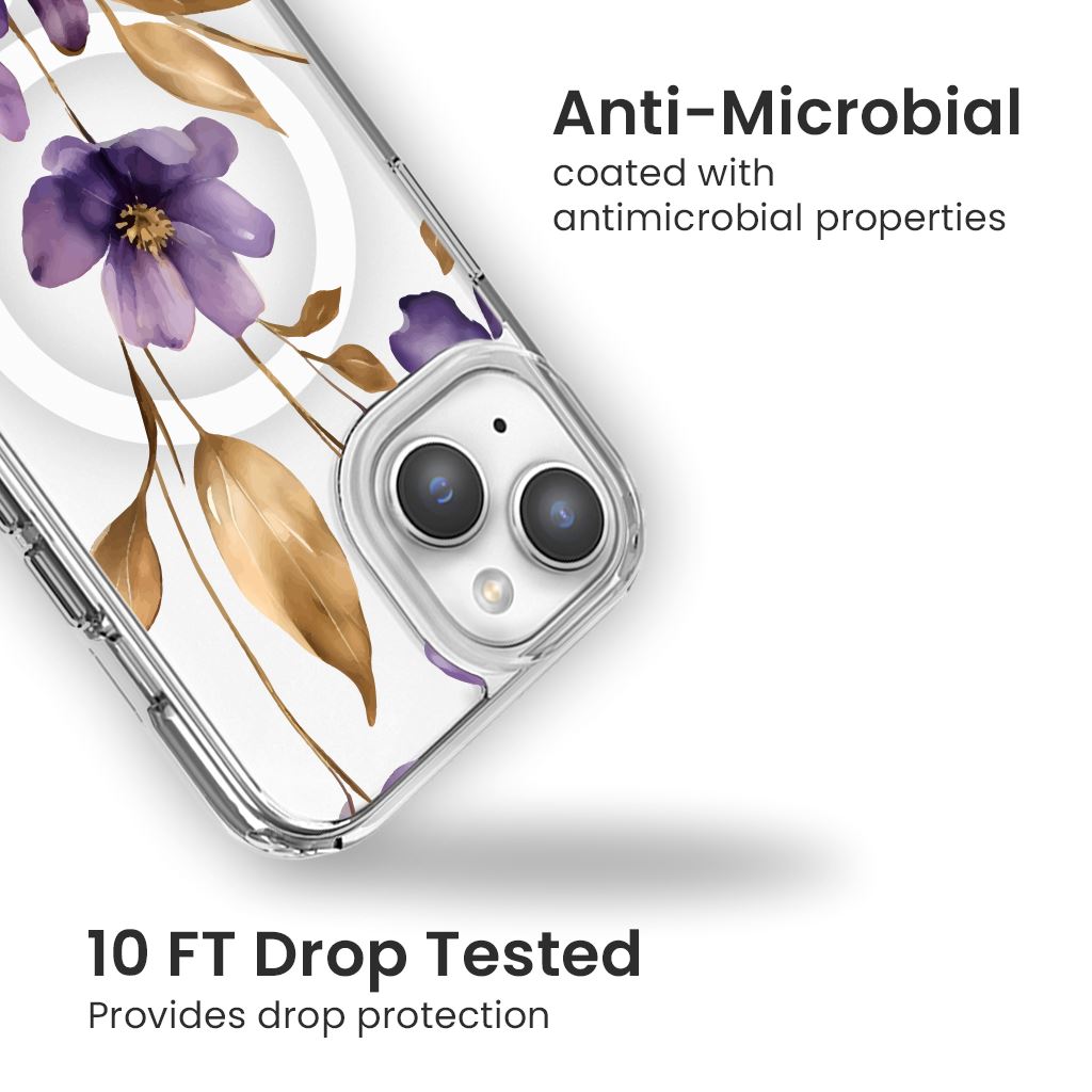 iPhone 14 Clear Case with Purple Wildflower Design - Slim Protective Cover for Everyday Use, Travel & Work