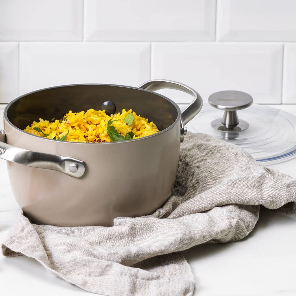 GreenPan Healthy Ceramic Nonstick 2QT Rice Cooker & Soup Pot with Lid - PFAS-Free, Induction Compatible, Dishwasher & Oven Safe (Taupe) - Perfect for Cooking Rice, Soups, Stews & One-Pot Meals