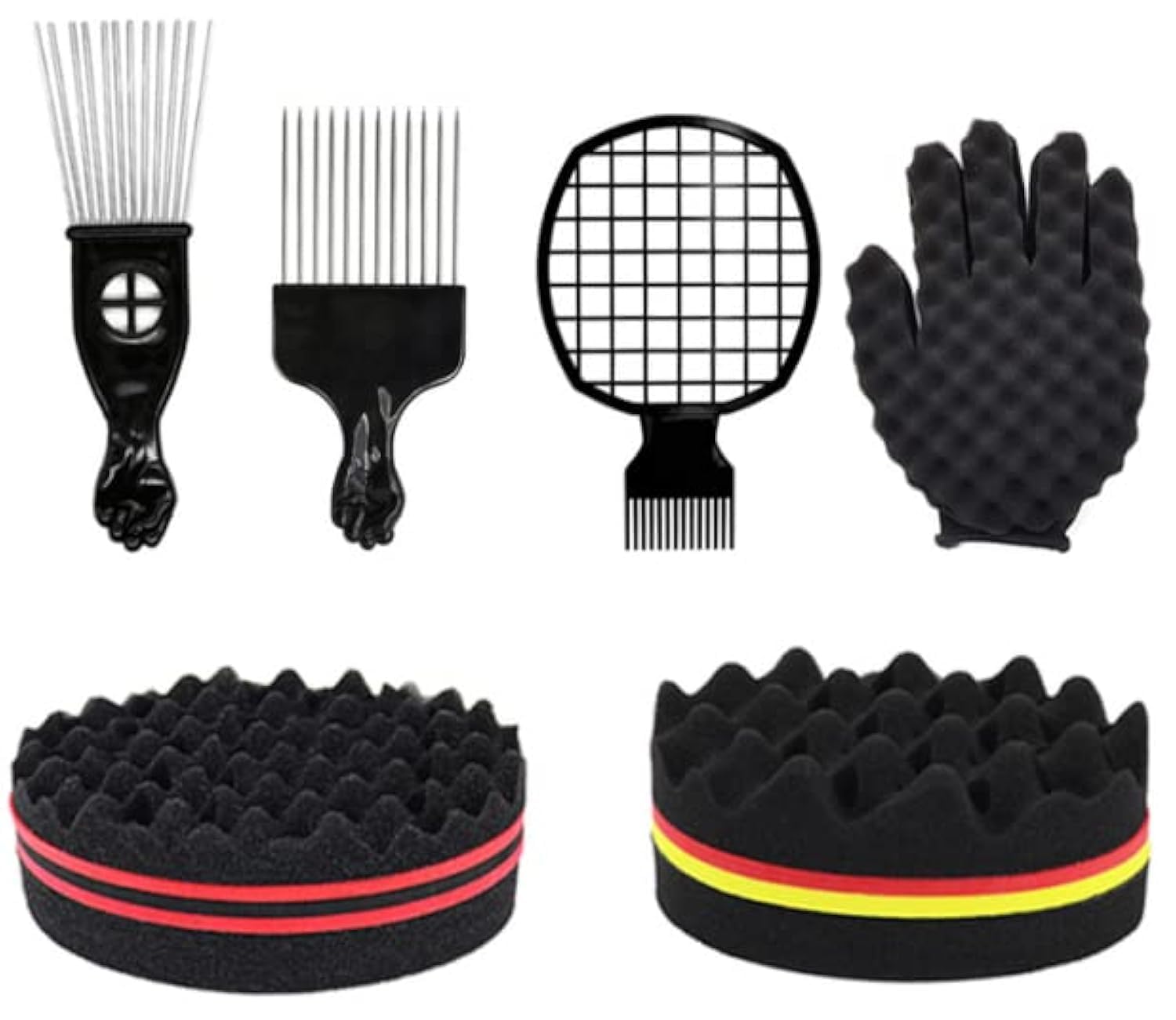 **6Pcs Hair Styling Kit - Magic Curl Glove, Afro Brush, Metal Pick Comb & Twist Comb for Natural Hair - Perfect for Curly, Coily & Afro Hairstyles (Black)**