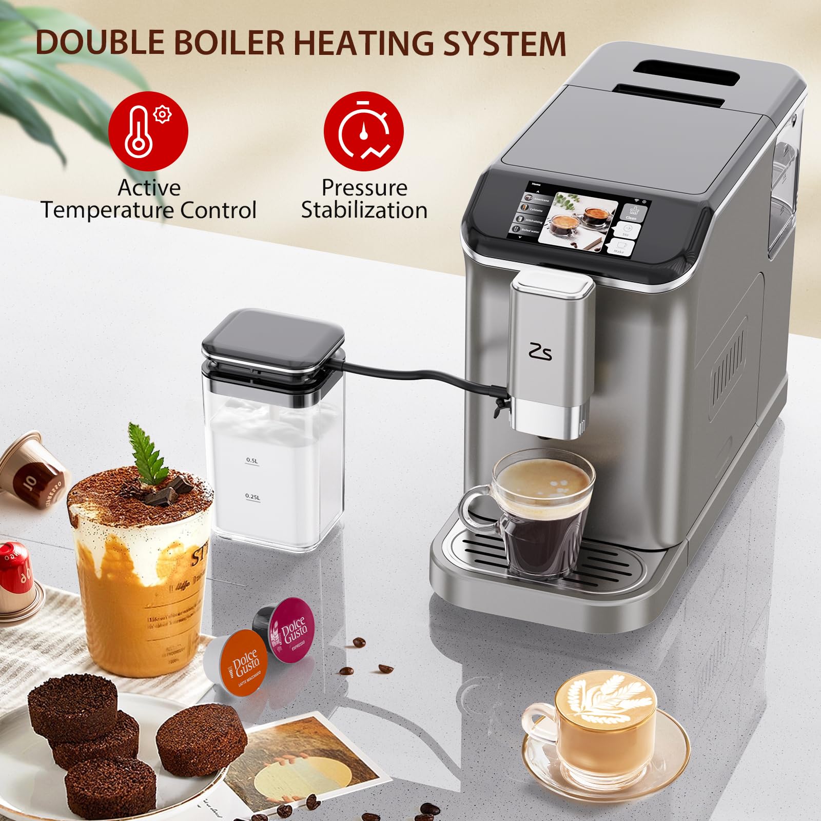 Zstar Fully Automatic Espresso Machine with Built-in Grinder & Milk Frother - 20 Bar Pressure, 7 Programmable Coffee Options, 1.5L Water Tank, Touch Display - Perfect for Home, Office & Coffee Shops