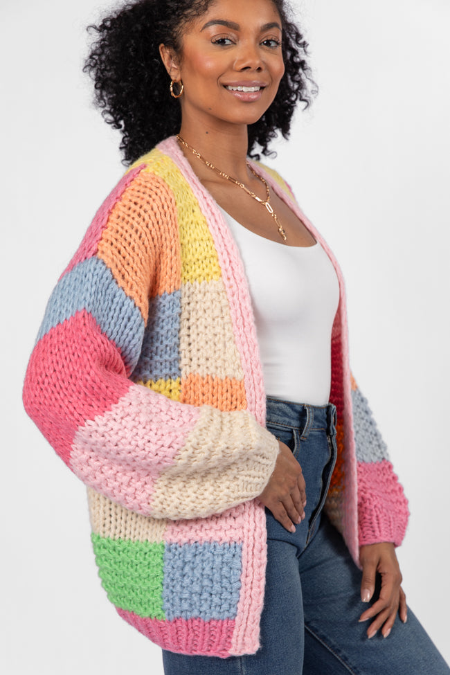 Pink & Multi-Color Block Cardigan for Women - Cozy Knit Sweater Wrap - Perfect for Fall & Winter Fashion, Office Wear & Casual Outfits
