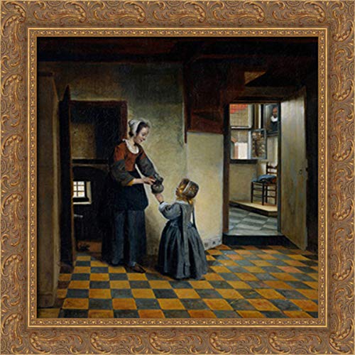 Pieter de Hooch 20x20 Gold Ornate Wood Framed Canvas Art - Woman With Child in Pantry Painting - Vintage Dutch Home Decor for Living Room, Bedroom & Office
