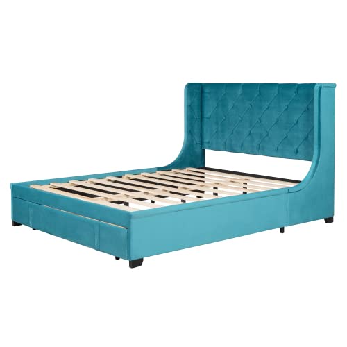 Queen Size Storage Bed with Drawer - Velvet Upholstered Platform Bed Frame with Wingback Headboard & Wooden Slat Support - Modern Blue Bedroom Furniture for Small Space & Guest Room - Perfect for Apartments, Dorms & Master Bedrooms