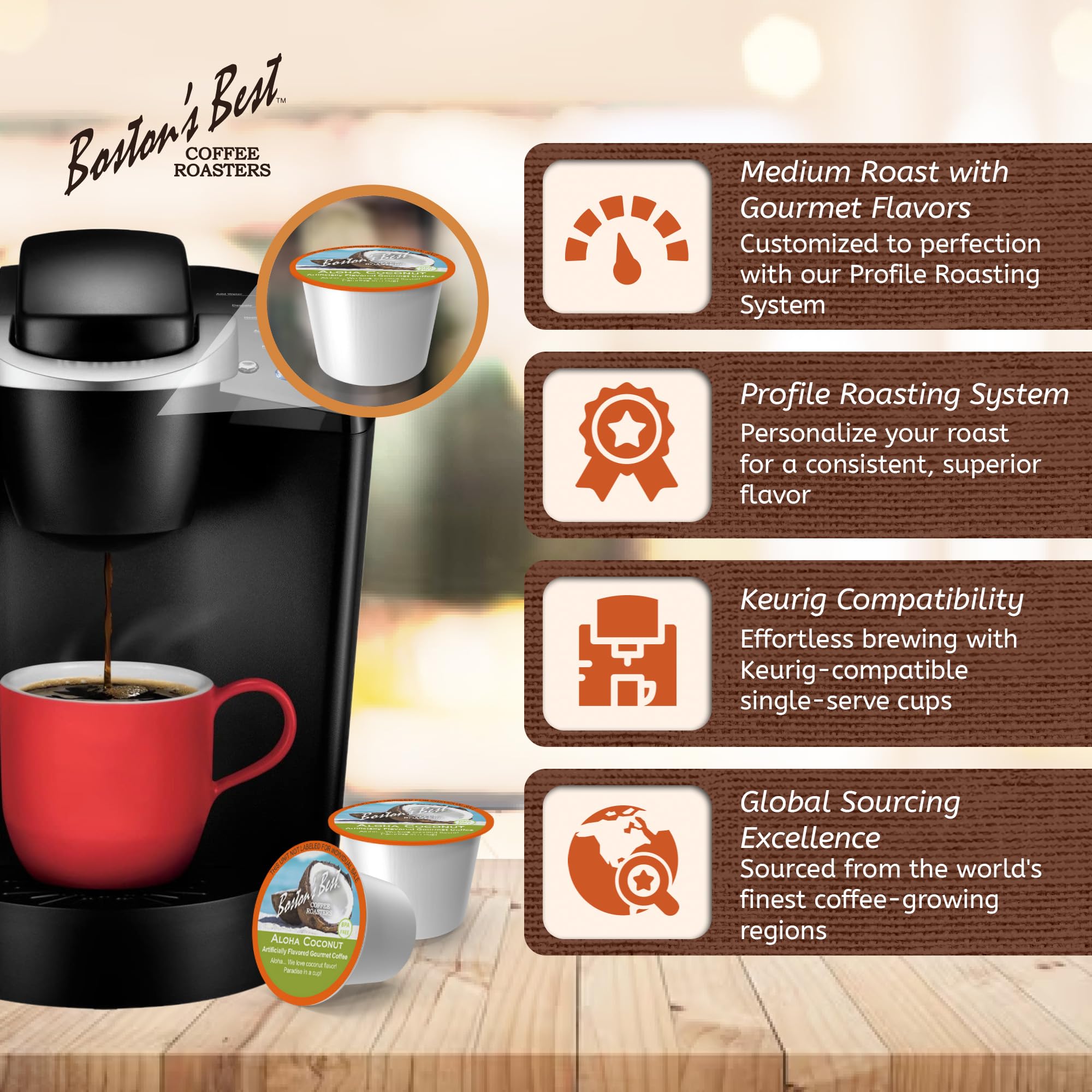 Boston’s Best Aloha Coconut Medium Roast Gourmet Coffee Pods - Compatible with Keurig Single Serve Coffee Makers (12 Count) - Perfect for Breakfast, Office & Relaxing at Home