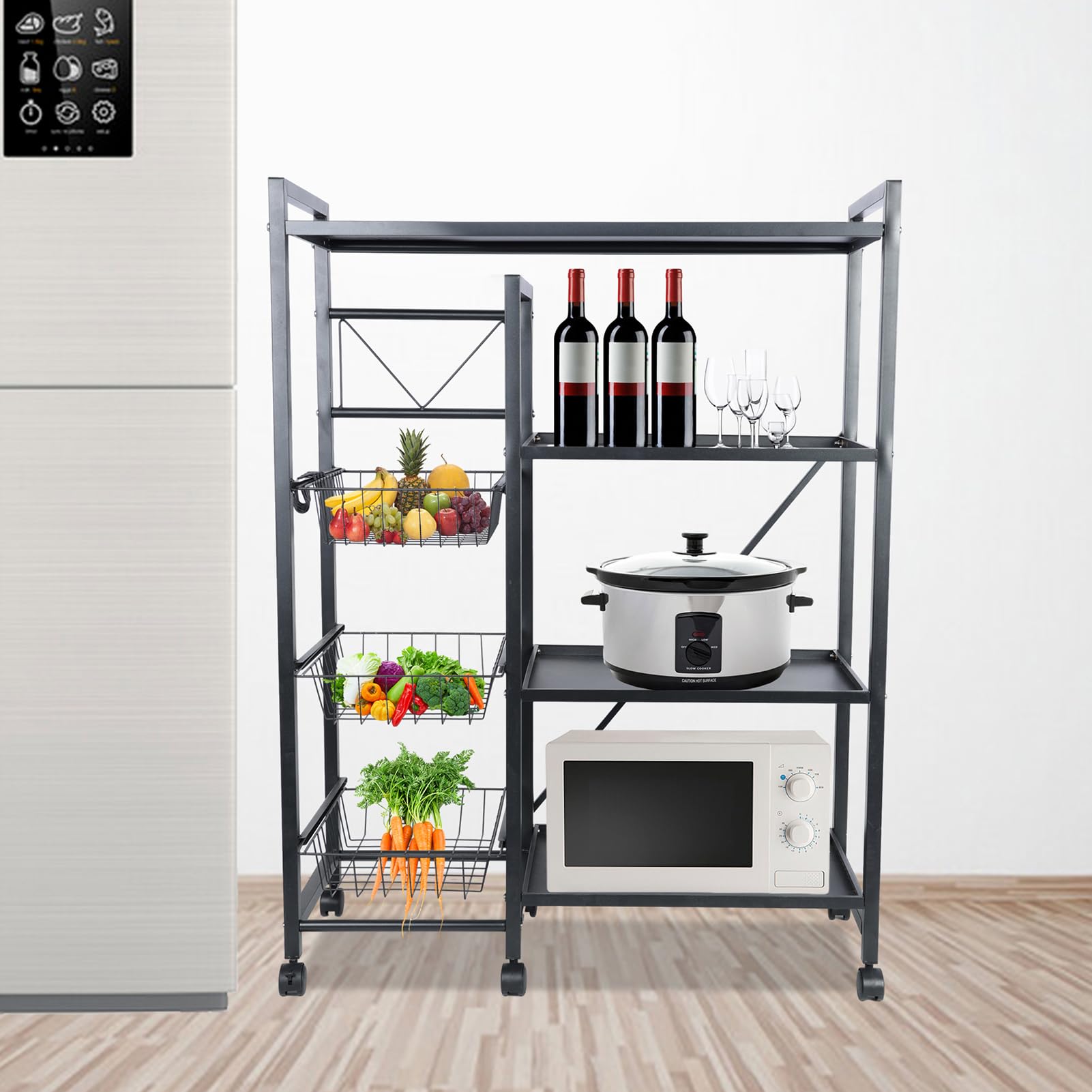 4-Tier Kitchen Bakers Rack with Wheels & S-Hooks - Rolling Coffee Bar Table, Microwave Stand with Wire Basket Storage - Ideal for Spices, Pots & Pans Organization - Perfect for Small Kitchens, Pantries & Coffee Stations (Black)