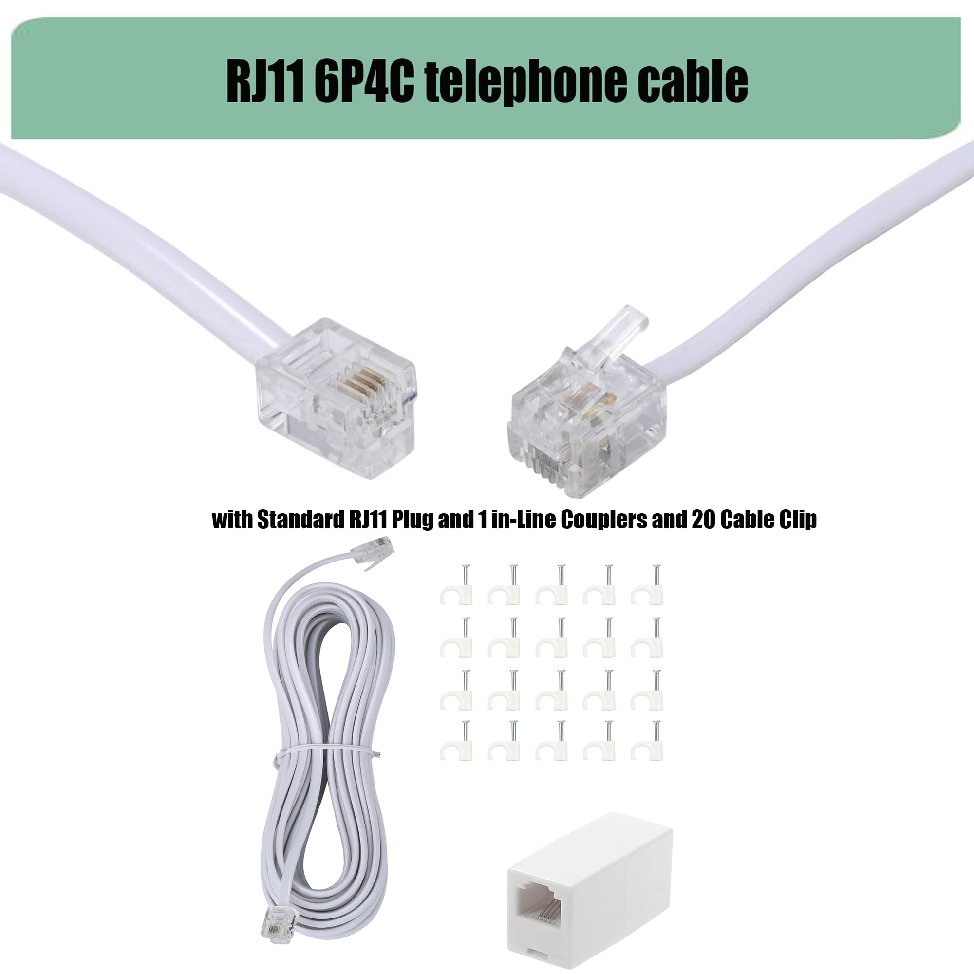 25ft White Long Telephone Extension Cord with RJ11 Plug, 1 In-Line Coupler & 20 Cable Clips - Home Office, Landline Phone, Fax Machine, Modem Connection