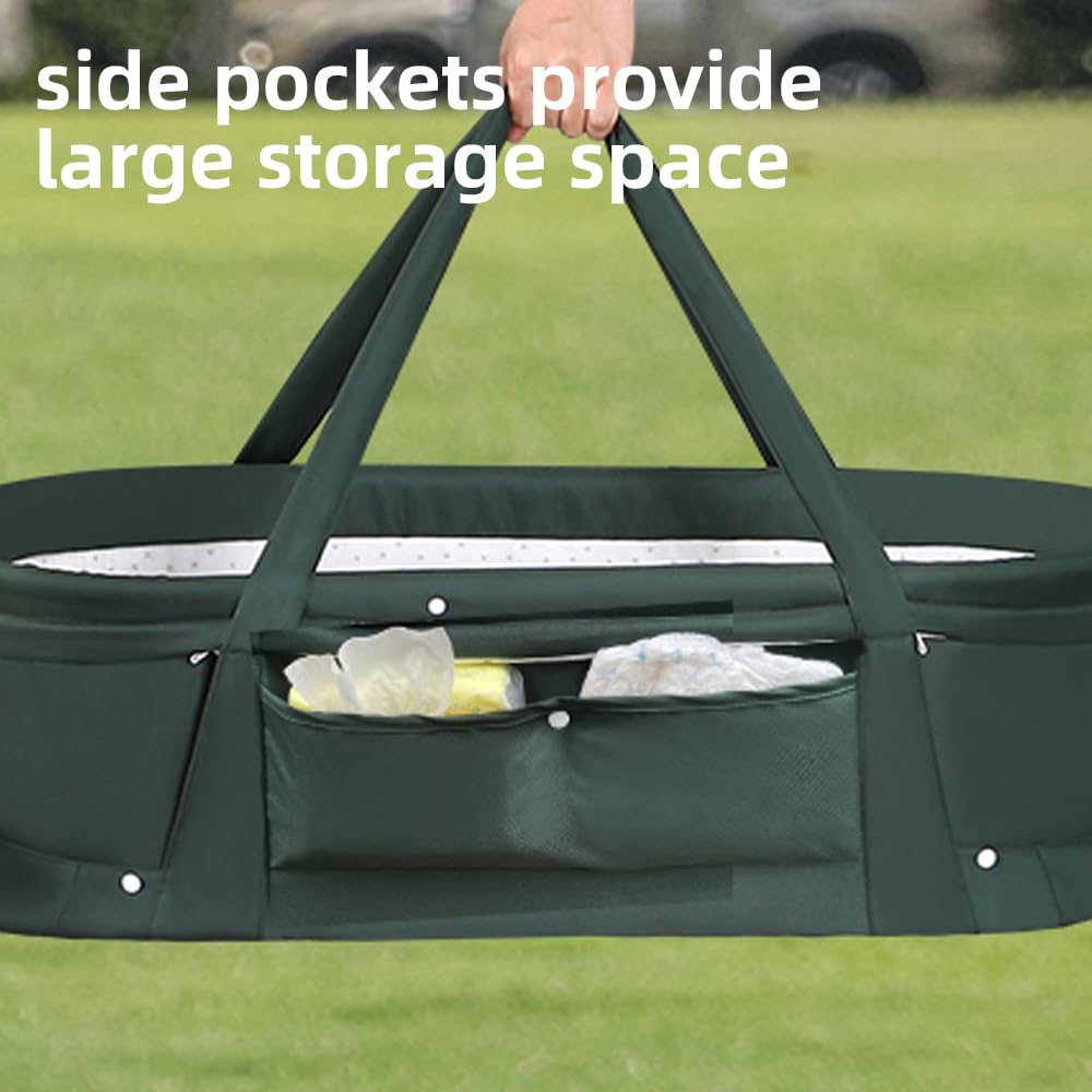 2-in-1 Portable Baby Travel Bassinet with Sunshade Cover - Foldable Newborn Sleeper Bed, Washable Dark Green Bassinet for Airplane & Car Travel | Perfect for Nursery, Camping & Family Trips