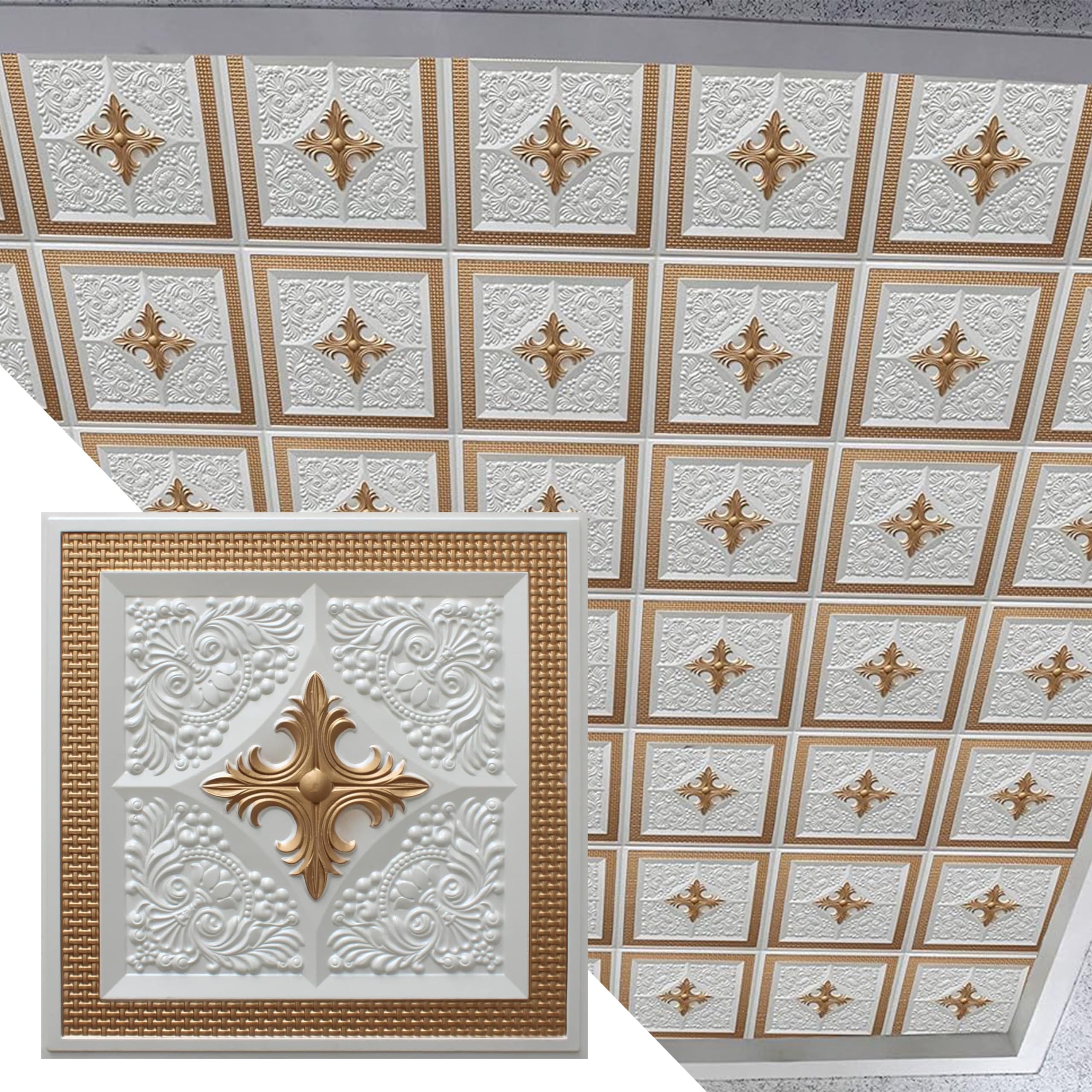 Dundee Deco Modern Floral Pearl White Gold PVC 3D Ceiling Tiles - 2ft x 2ft (60cm x 60cm) Glue Up or Lay in Panels - Pack of 10 for Home & Office Decoration - Perfect for Bedroom, Living Room, and Commercial Spaces