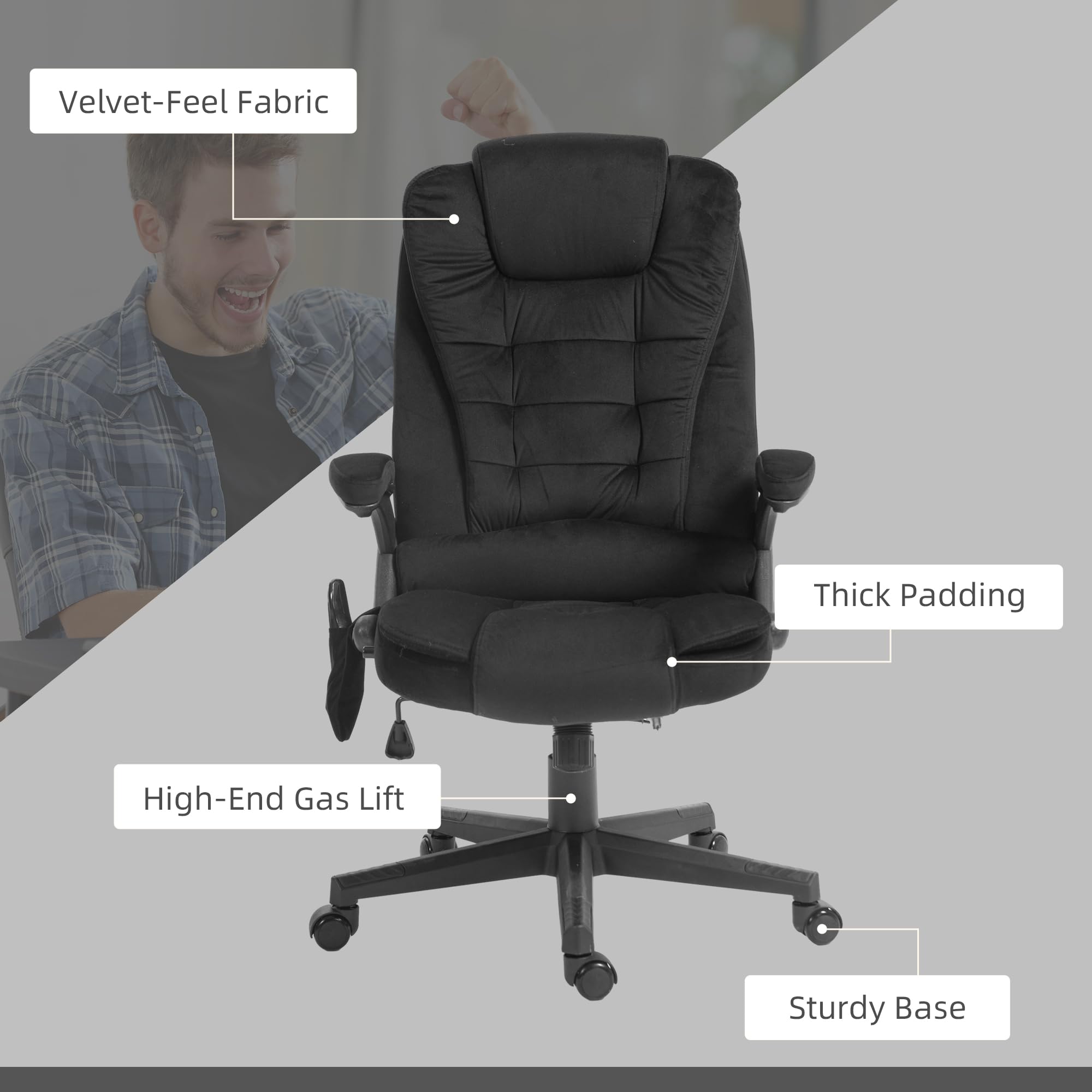 HOMCOM 6-Point Vibrating Massage Office Chair with Heating - High Back Executive Chair with Reclining Function, Padded Armrests & Remote Control - Velvet Upholstered Ergonomic Desk Chair for Home Office, Gaming & Relaxation - Black