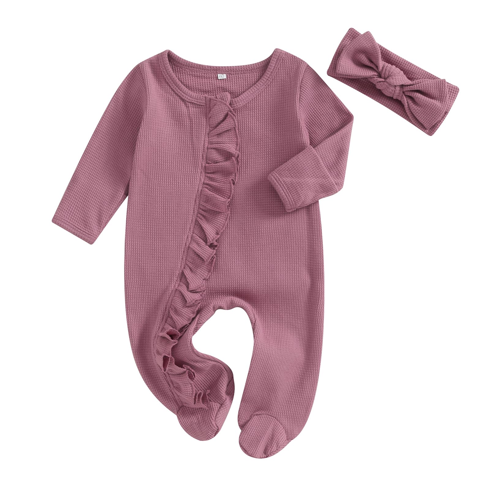 Newborn Baby Girl Waffle Knit Romper with Zippers & Ruffles - Cozy Winter Outfit for Fall & Winter - Perfect for Playdates, Family Photos & Holiday Gatherings