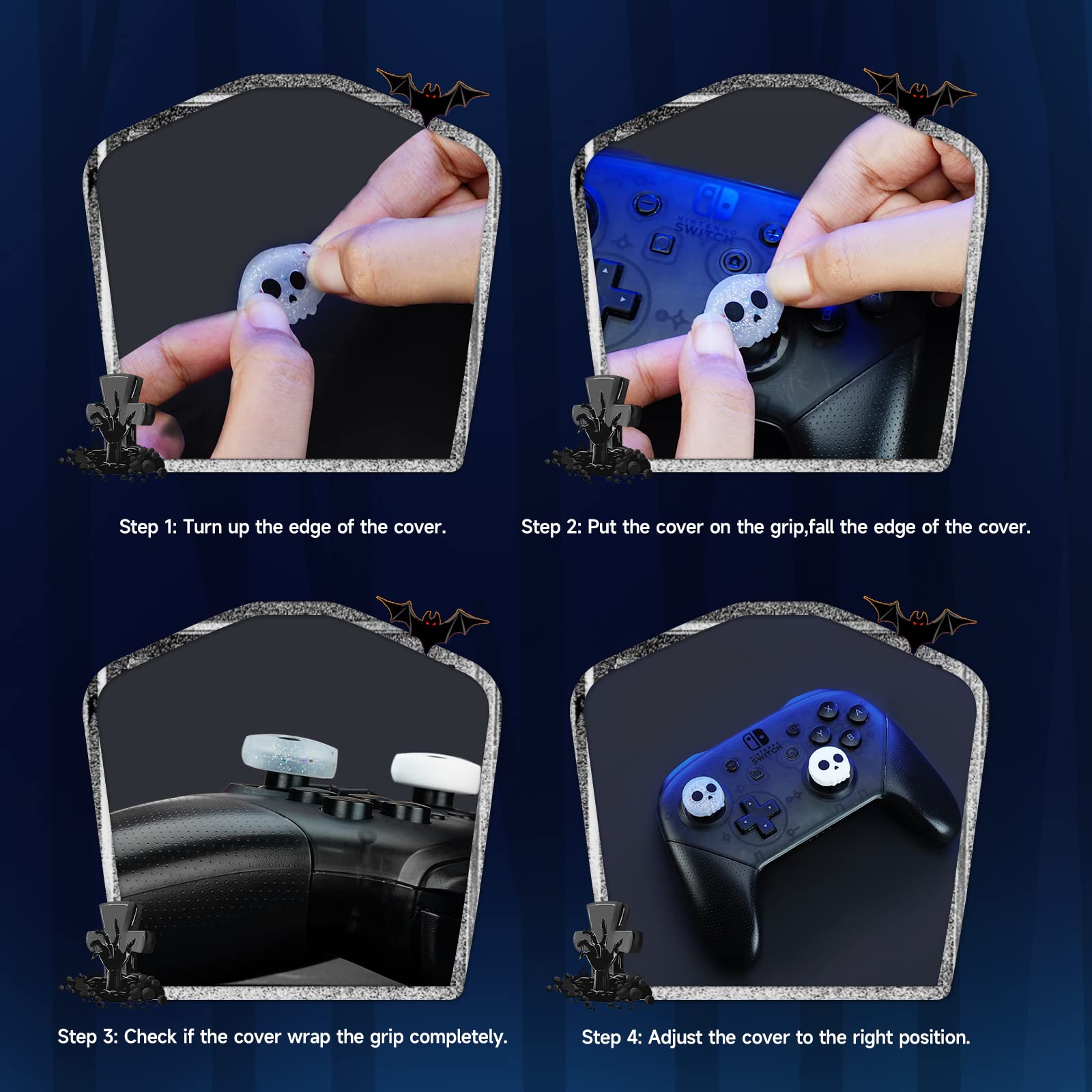 Halloween Silicone Thumb Grip Caps for PS5/PS4, Switch Pro, Xbox Series X/S Controllers - 4PCS Skull Design Joystick Covers - Perfect for Gaming, Comfort and Enhanced Grip During Long Play Sessions