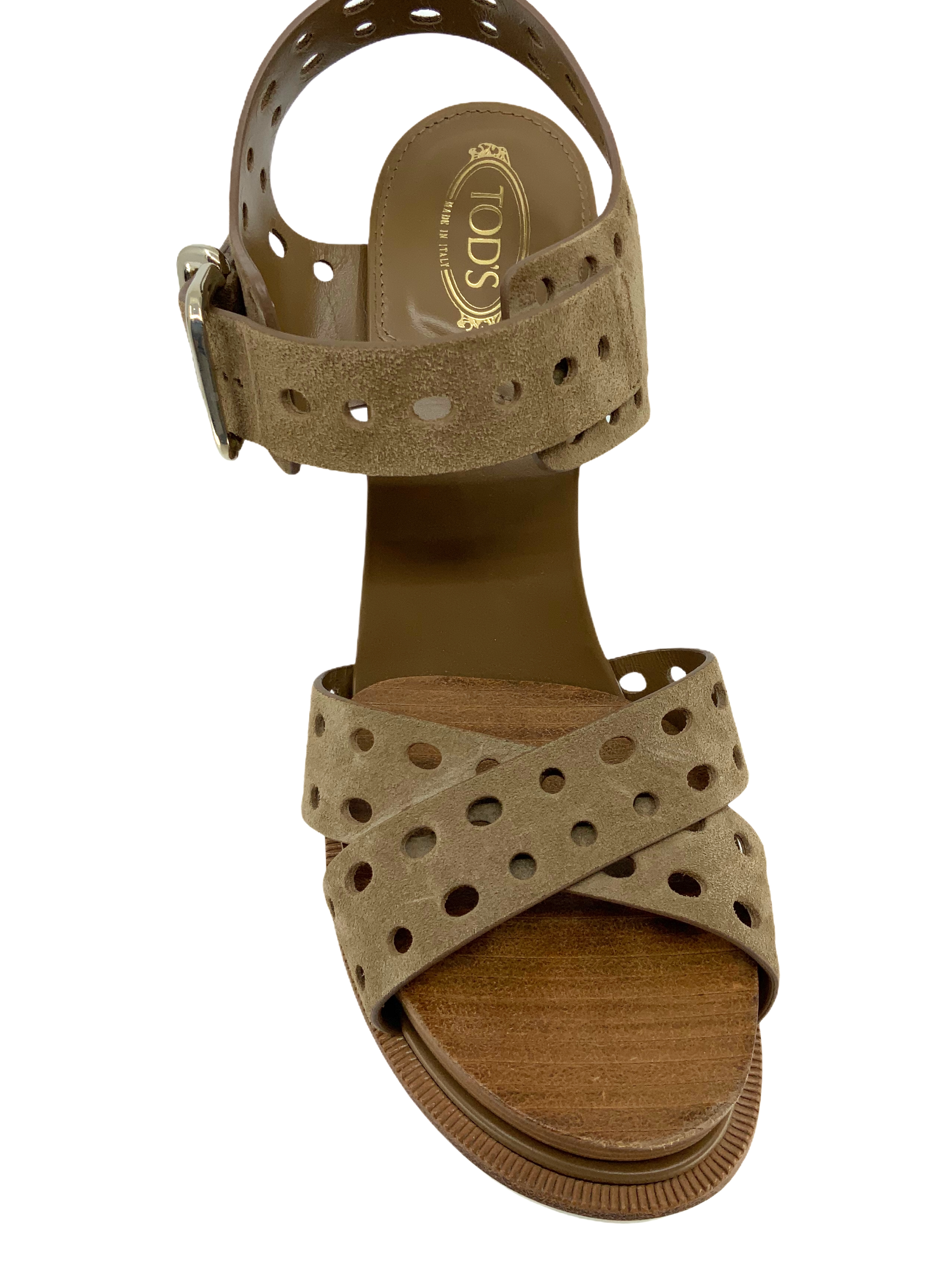 Tod's Women's Perforated Suede Block Heel Sandals Size 7 | Comfortable Summer Dress Shoes for Weddings & Parties