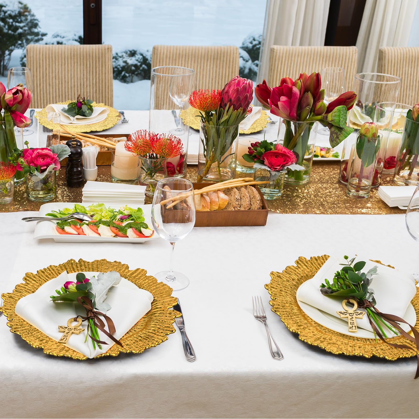 32 Pack Gold Charger Plates Set - 13 Inch Floral Plastic Decorative Dinner Plates for Wedding, Party & Table Setting - Elegant Reef Chargers Serving Trays for Formal Dining & Special Occasions