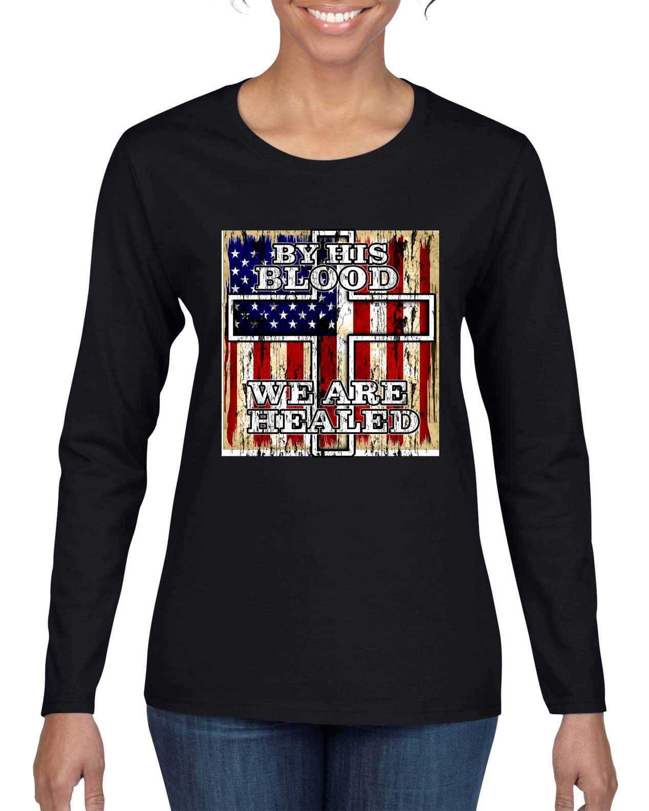 Inspirational Christian Women's Long Sleeve T-Shirt - By His Blood We Are Healed - Perfect for Church & Worship