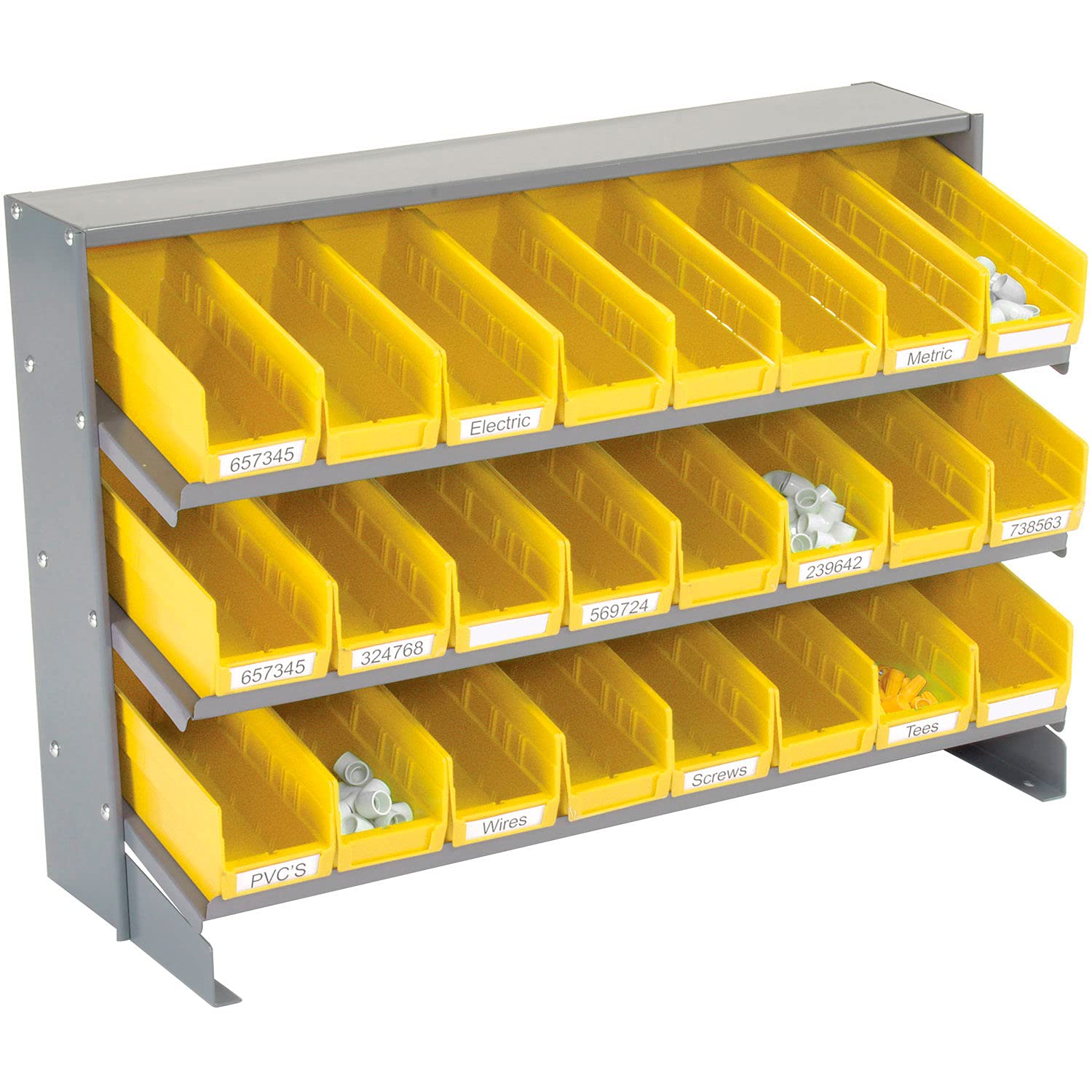 Global Industrial 3-Shelf Utility Bench Rack with 24 Yellow Storage Bins (4