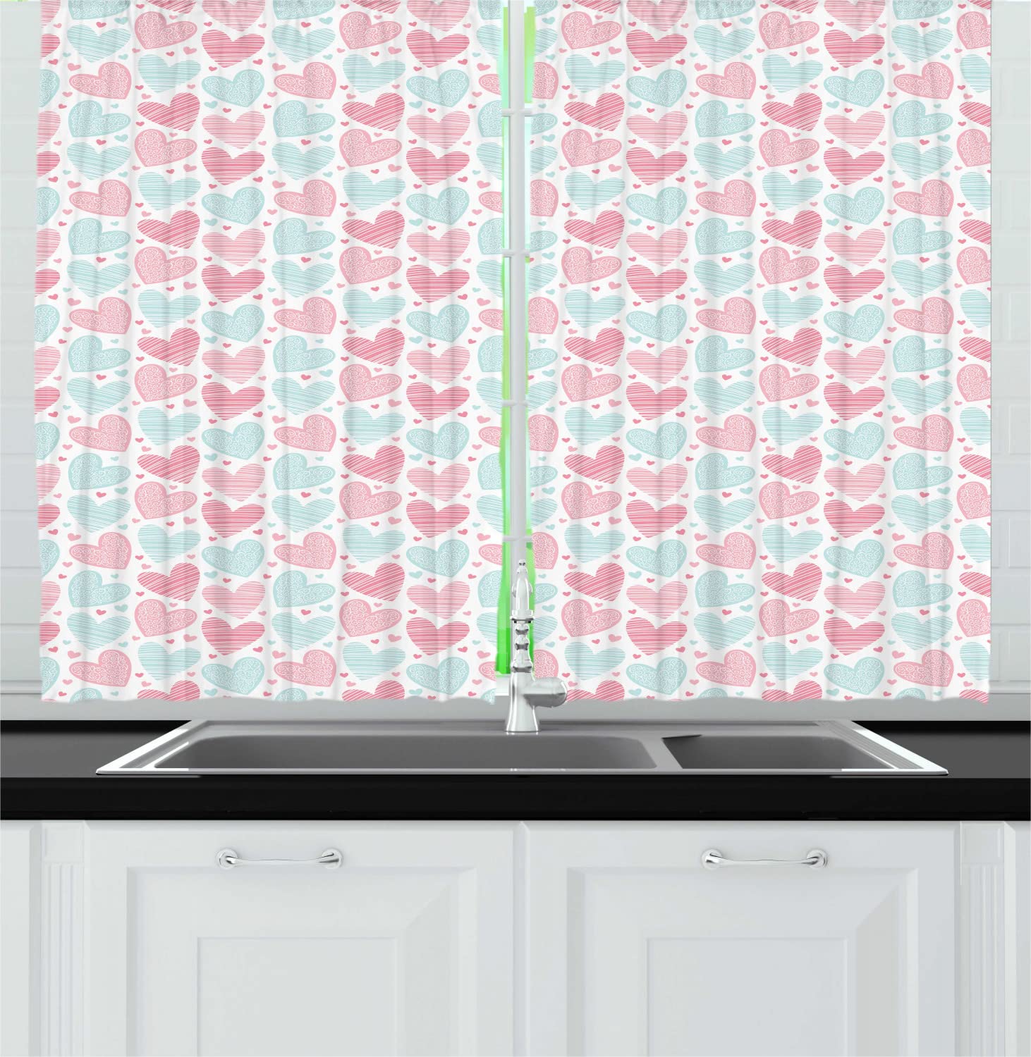 Ambesonne Love Long Kitchen Curtains - Pastel Pink Rose & Pale Blue Heart Print Drapes with Swirl & Stripe Designs, 55