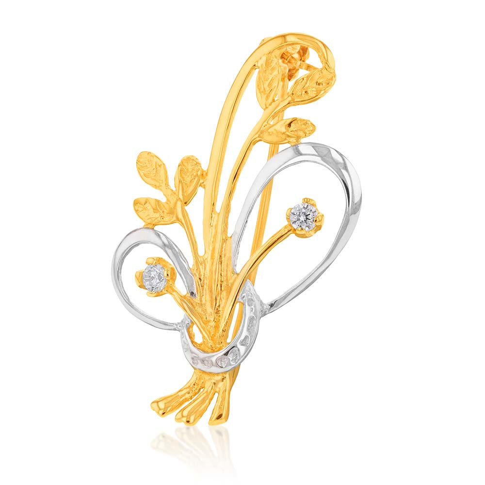 9ct Two Tone Zirconia Flower Bouquet Brooch Pin - Elegant Floral Jewelry for Women, Perfect for Weddings, Parties & Special Occasions