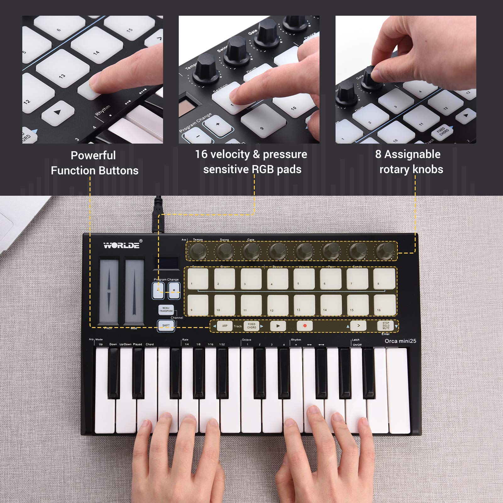 25-Key USB MIDI Keyboard Controller with 16 RGB Backlit Pads & 8 Knobs - Portable MIDI Keyboard for Music Production, DJing & Home Studio Recording