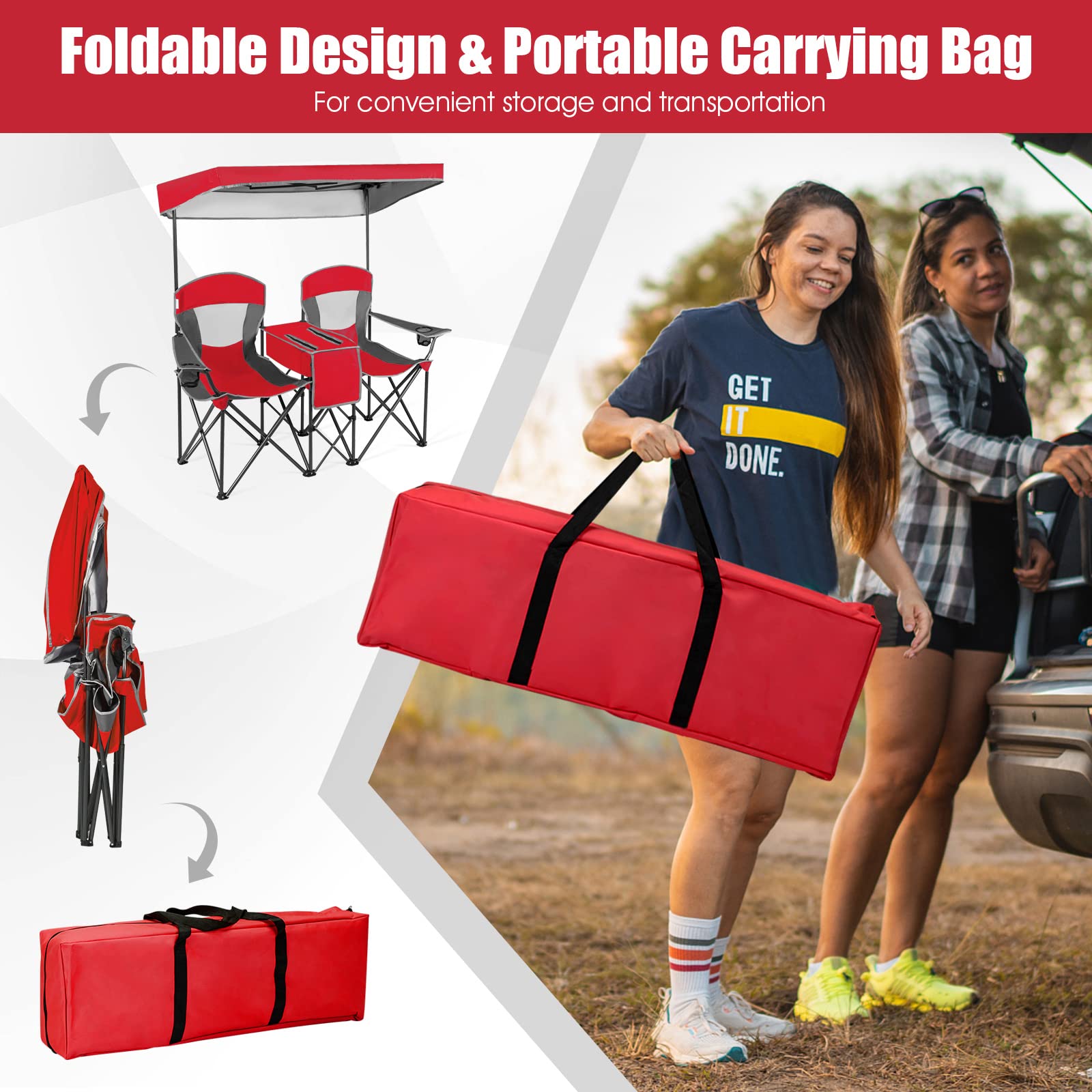 SAFSTAR 2-Person Folding Camping Chair with Shade Canopy - Portable Beach Chair with Cup Holder, Mini Table & Carrying Bag - Compact Outdoor Chairs for Camping, Backyard, Patio, Pool & Beach Picnics - Red
