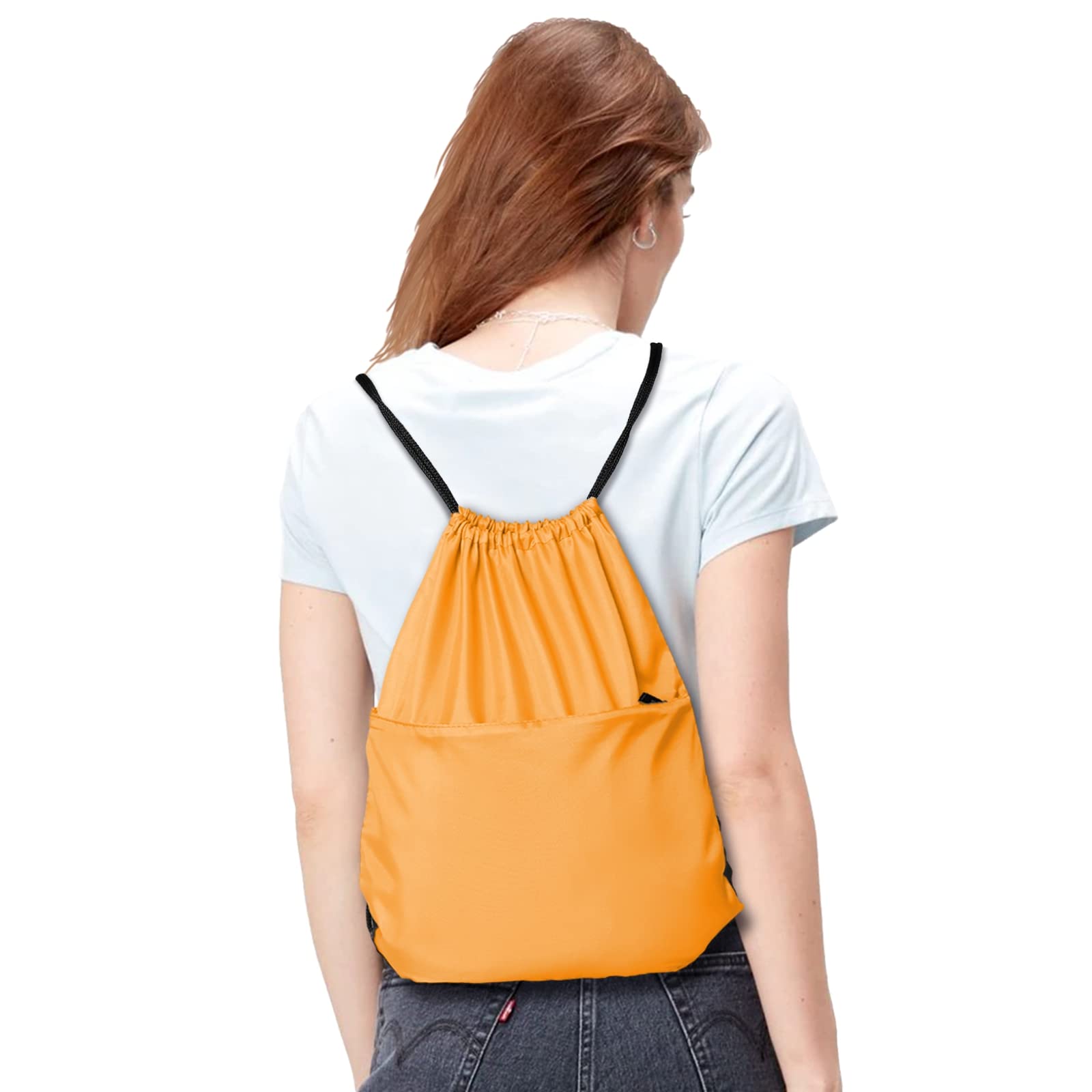 **Foldable 210D Nylon Drawstring Backpack with Zipper Side Pocket - Lightweight Sports Gym Sack for Men & Women (Orange) - Perfect for Workouts, Travel & Outdoor Activities**