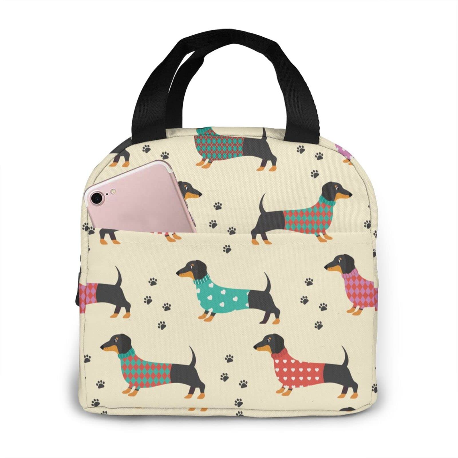 Meledre Insulated Lunch Bag Tote for Women & Men - Dachshund Dog Print Design, Black One Size (10806) - Perfect for Work, School, Picnics & Outdoor Activities