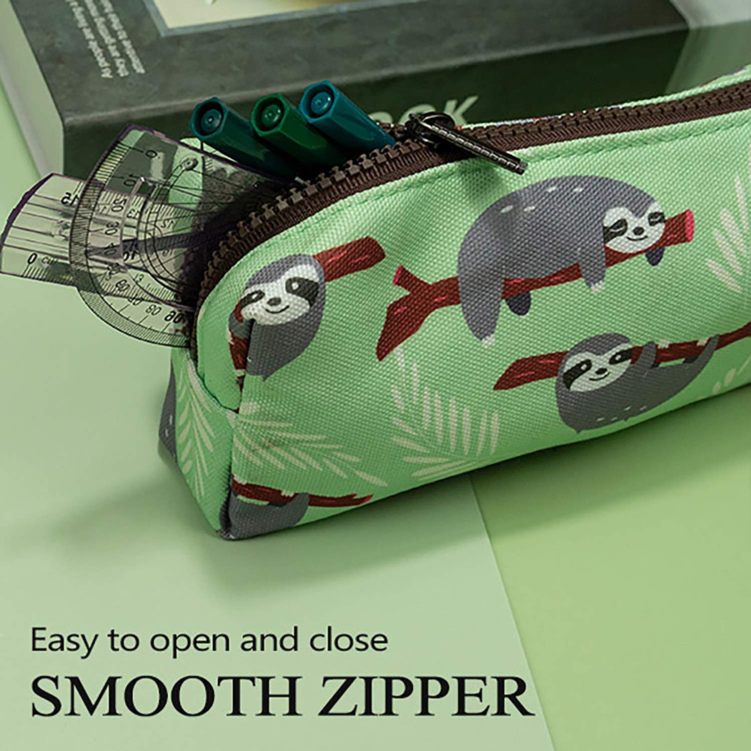 LParkin Sloth Super Large Capacity Canvas Pencil Case - Waterproof Pen Organizer for School, Office & Travel - Perfect for Students, Artists & Makeup Lovers (Green)