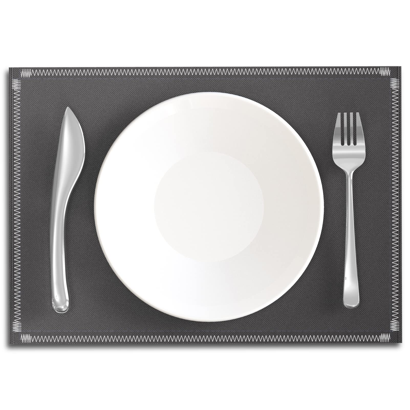 4 Pack Heat Resistant Non-Slip Boho Hemstitch Placemats - Gray Dining Table Mats, Washable Kitchen Countertop Protectors & Coffee Maker Mats for Home, Restaurant, and Office Use