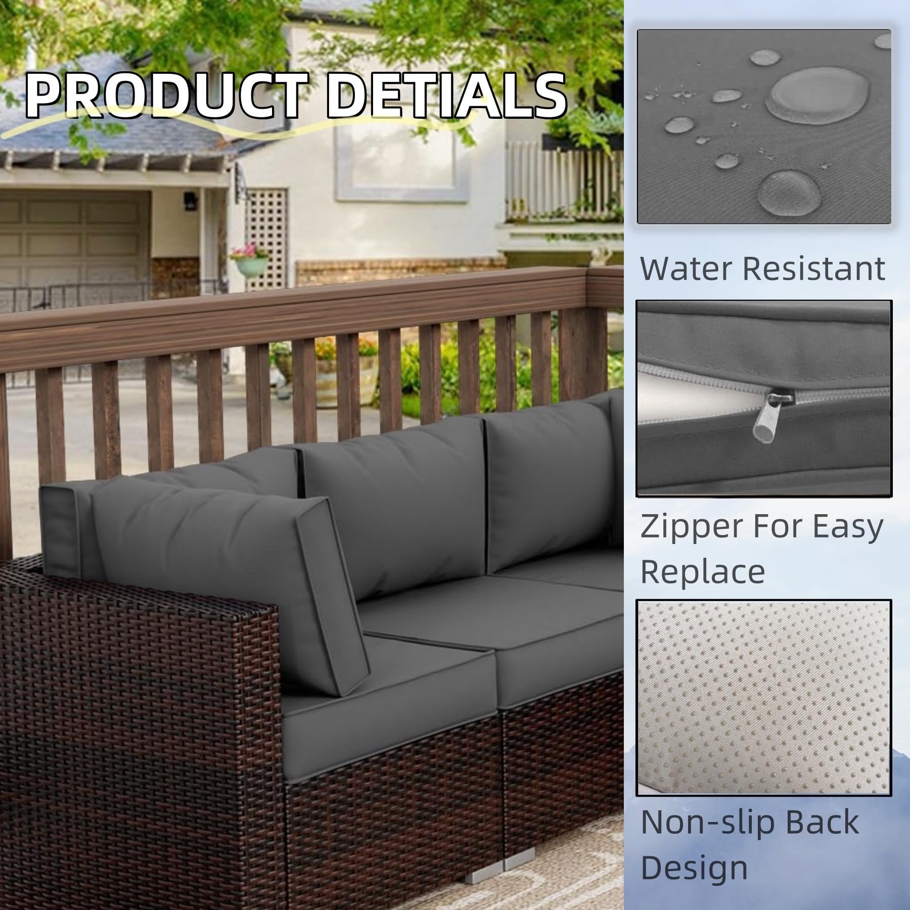 PROHIKER 9-Pack Outdoor Cushion Covers with Zipper - Replacement Covers for 5-Piece Patio Furniture Sets (Dark Gray) - Waterproof Sofa & Pillow Covers for Outdoor Conversation Sets, Deck, Porch, and Garden Furniture