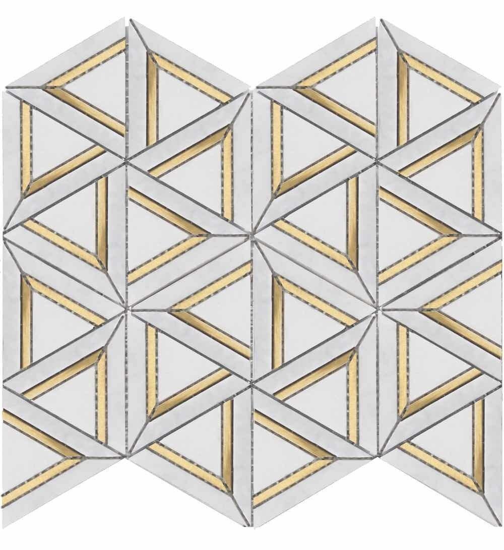 Premium Inlay Brass Gold Triangle White Tiles - Elegant Mosaic Wall & Floor Decor for Bathroom, Kitchen Backsplash, and Fireplace Surround