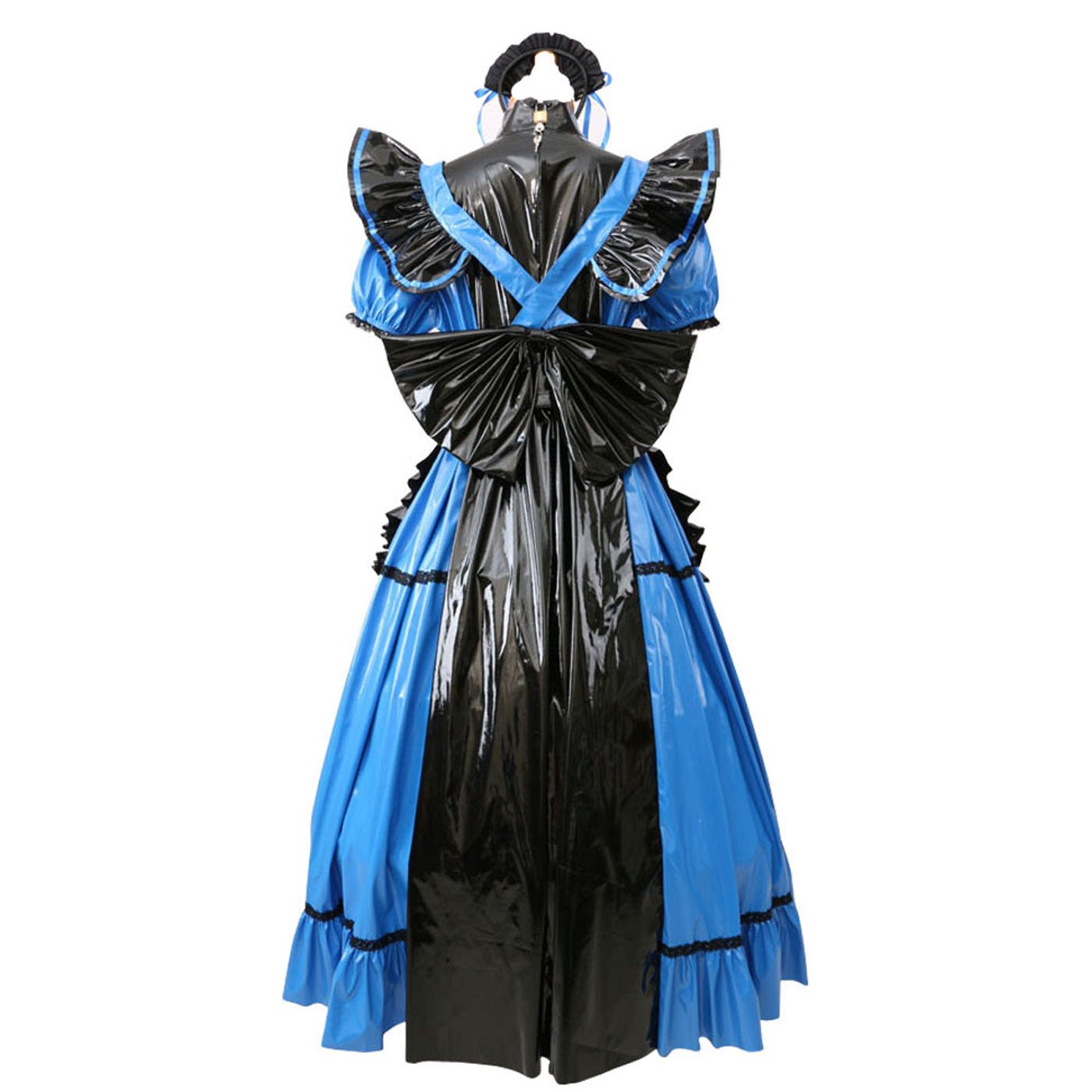 Sexy French Maid Costume for Women - Lockable PVC Blue Gothic Lolita Dress with Short Sleeves | Halloween Cosplay, Role Play, Party Outfit