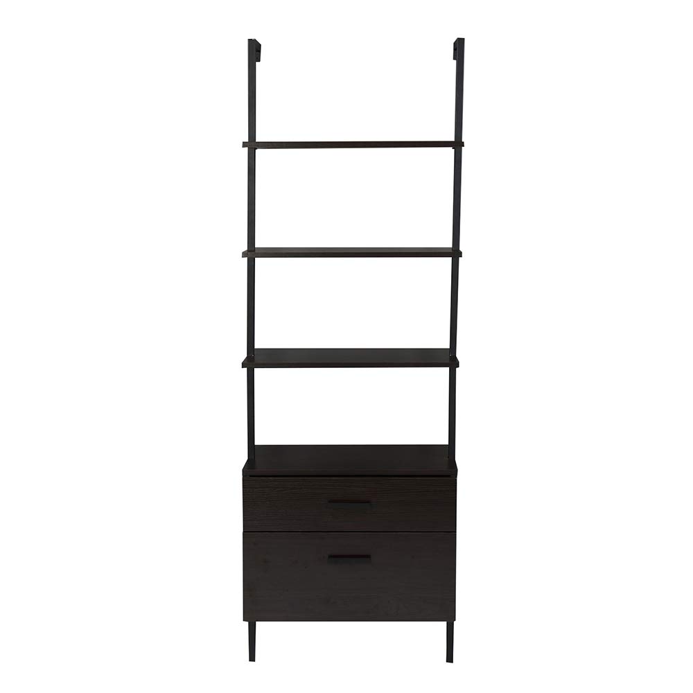 Wall Mounted 3-Tier Wooden Ladder Bookshelf with 2 Drawers - Black Walnut Floating Shelf for Books, Plants & Home Decor | Space-Saving Storage Solution for Living Room, Bedroom & Home Office