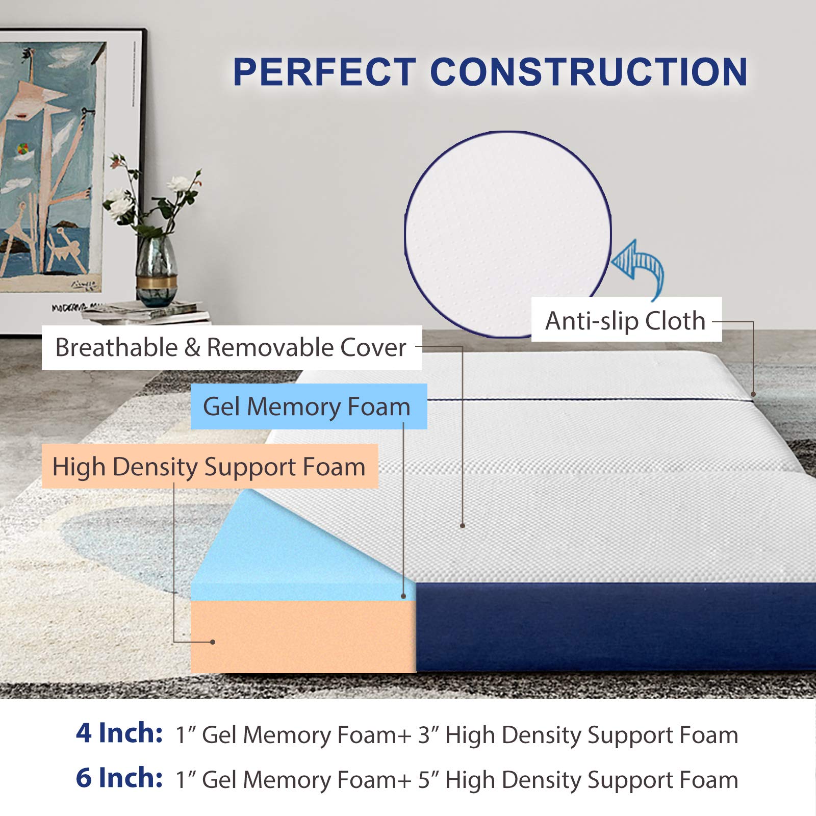 JINGWEI 6-Inch Tri-Fold Memory Foam Mattress - Full Size Foldable Mattress Topper with Washable Cover (52