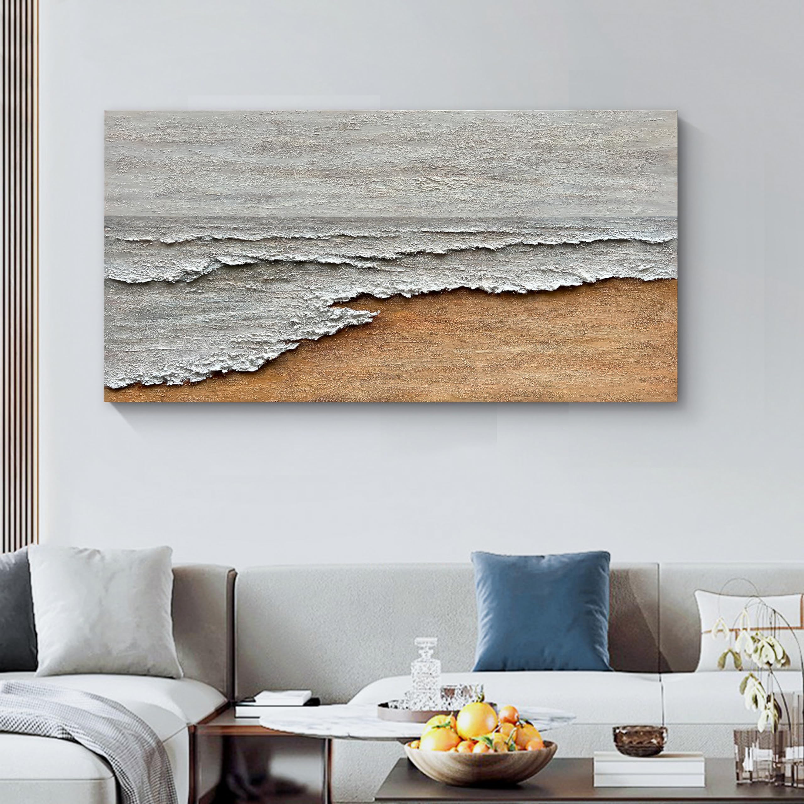 Hand-Painted Yellow and White Ocean Beach Abstract Oil Painting - Modern Canvas Wall Art for Living Room Decor - 24x48 Inches - Perfect for Coastal, Beach House or Contemporary Home Decor