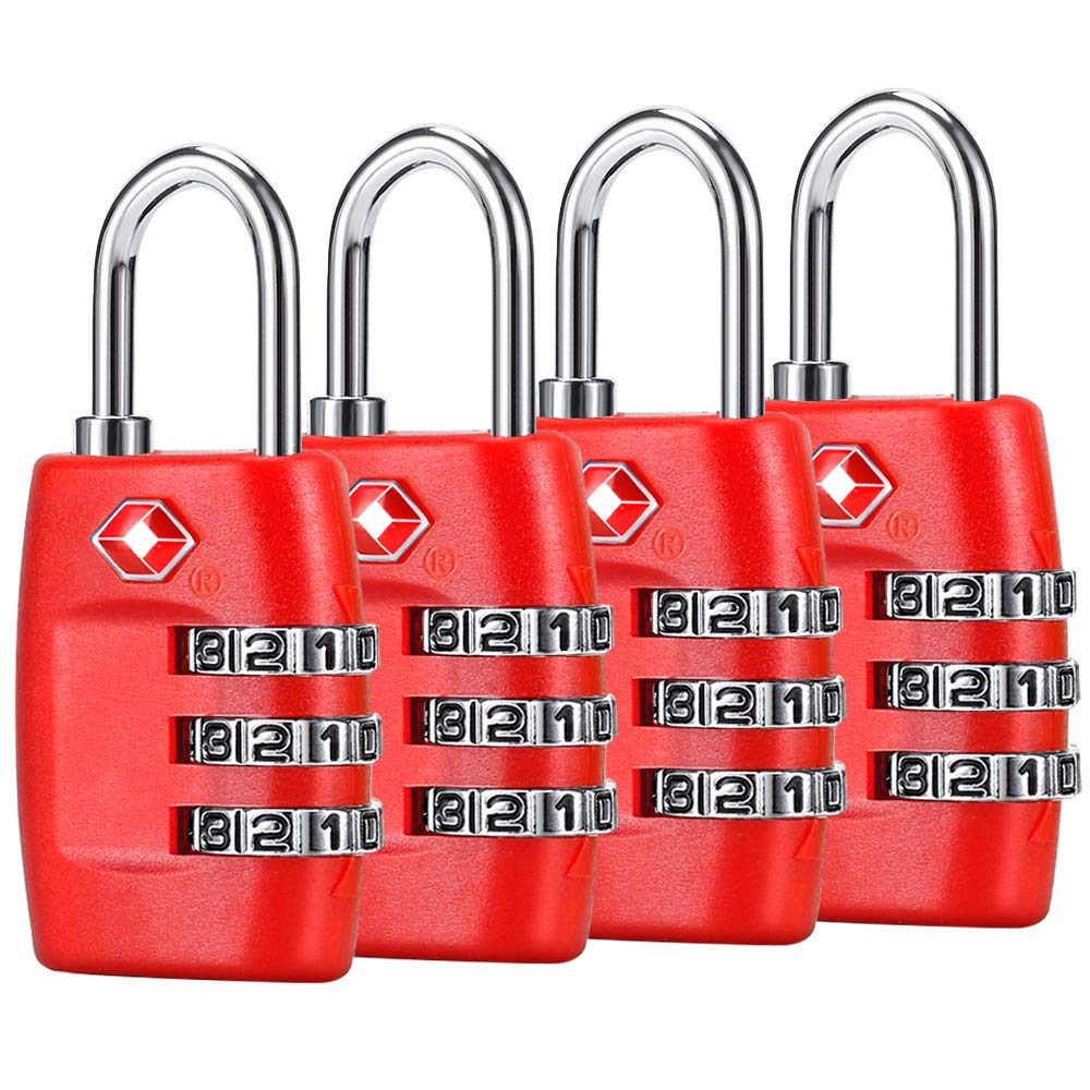 TSA Approved 4-Pack Combination Luggage Locks - 3 Digit Secure Travel Padlocks for Suitcases, Backpacks & Carry-On Bags (Red) - Ideal for Airports, Hotels & Cruise Travel Security