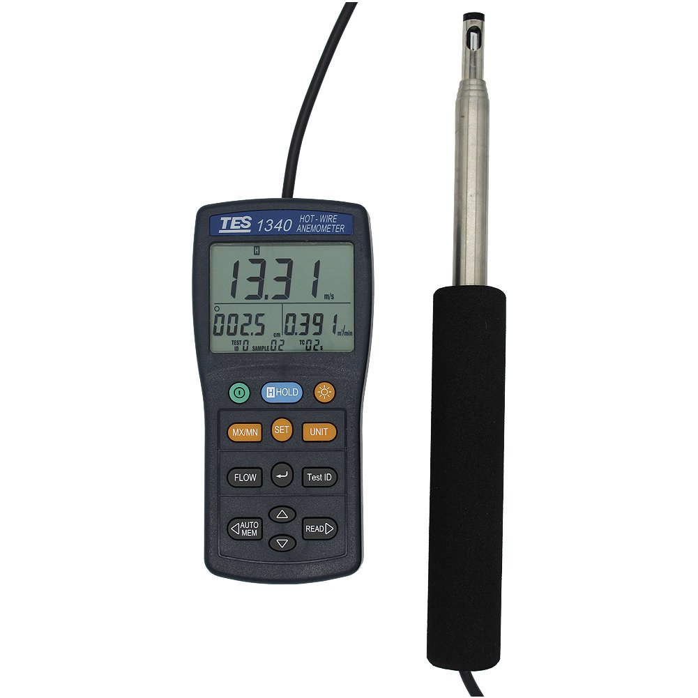 TES 1340 Hot-Wire Anemometer - Digital Air Flow Meter with Temperature Measurement for HVAC, Duct Testing & Indoor Air Quality Monitoring
