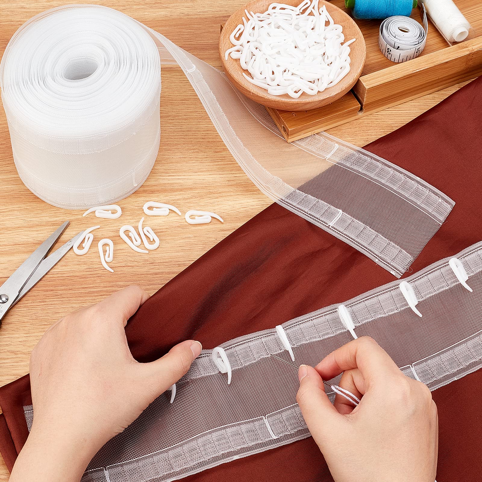 AHANDMAKER Curtain Pleat Tape - 10 Meters/10.9 Yards Drapery Header Tape with 100 Hooks for DIY Wave Curtains | Perfect for Living Room, Bedroom & Window Decoration