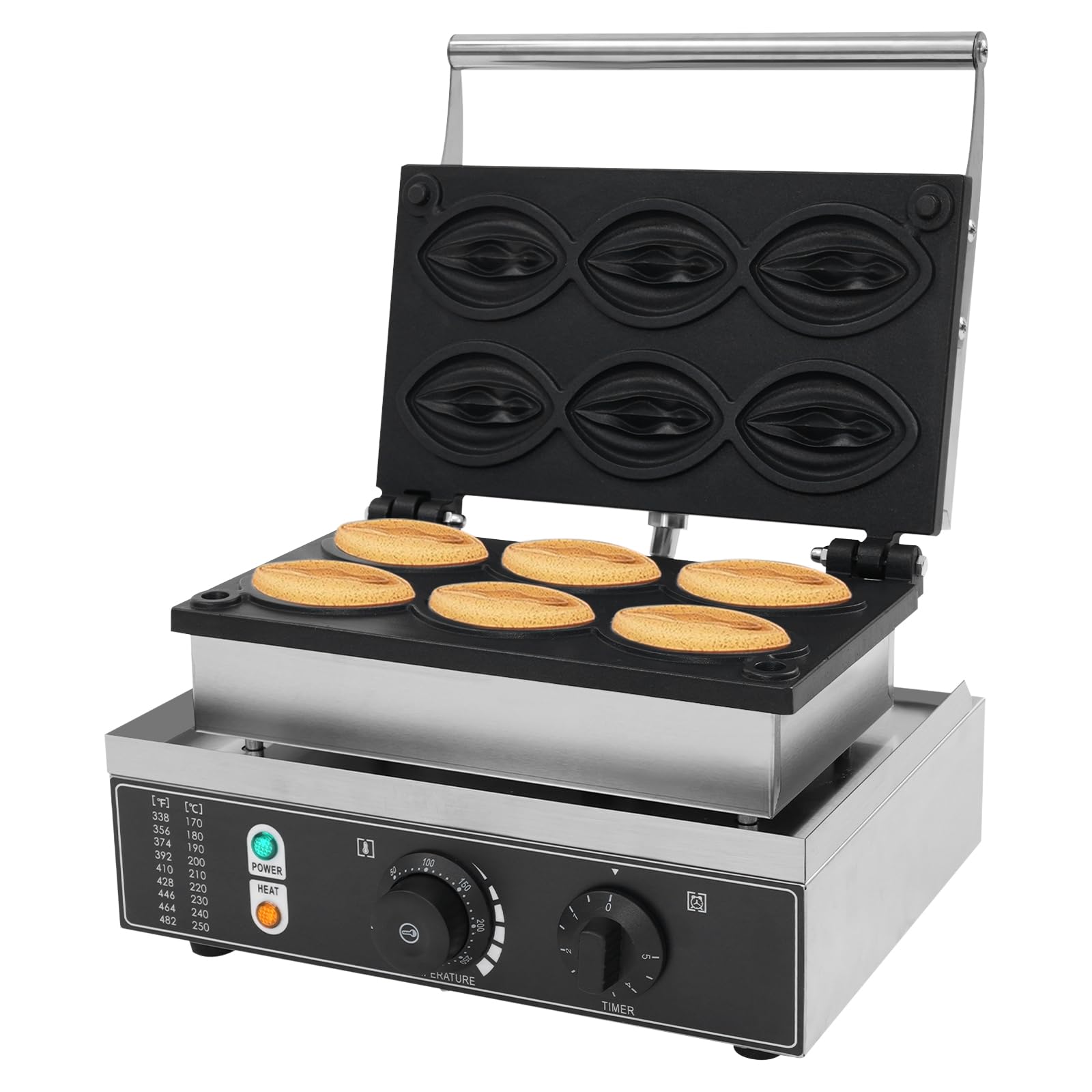 Commercial Electric Abalone Waffle Maker - 110V 1.55KW Belgian Waffle Iron with 6 Nonstick Molds, Timer & Temperature Control - Fast 4-5 Minute Waffles for Breakfast, Cafes, Restaurants & Home Use