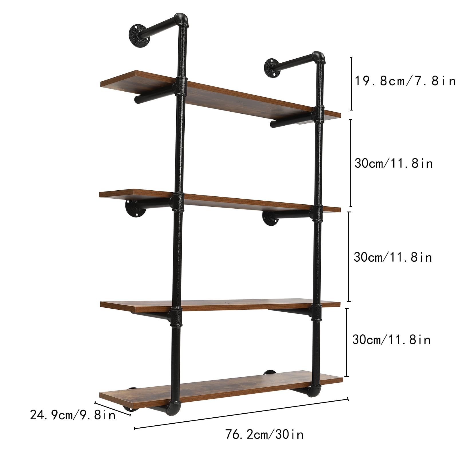 4-Tier 30-Inch Industrial Pipe Floating Shelves - Rustic Metal Wall Mounted Bookshelf for Living Room, Bedroom, Kitchen & Bathroom - Heavy Duty Storage Shelf Unit for Home, Office, Supermarket & Retail Stores