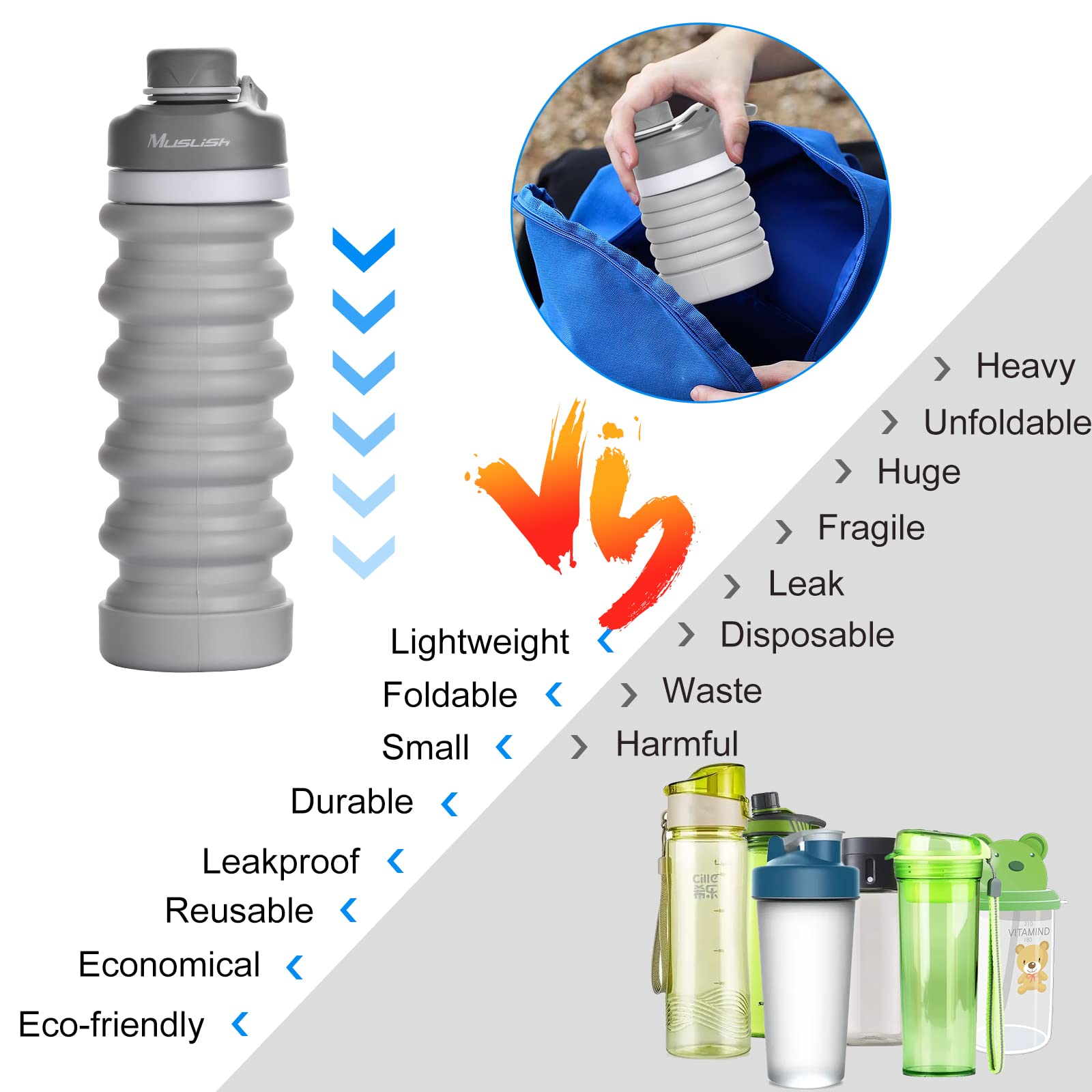 Muslish Collapsible Water Bottle 18oz (550ml) - BPA Free Silicone Foldable Water Bottle for Travel, Gym, Camping & Hiking - Reusable Portable Leak Proof Sports Water Bottle with Carabiner (Light Gray) - Perfect for Outdoor Adventures, Workouts & Daily Hydration