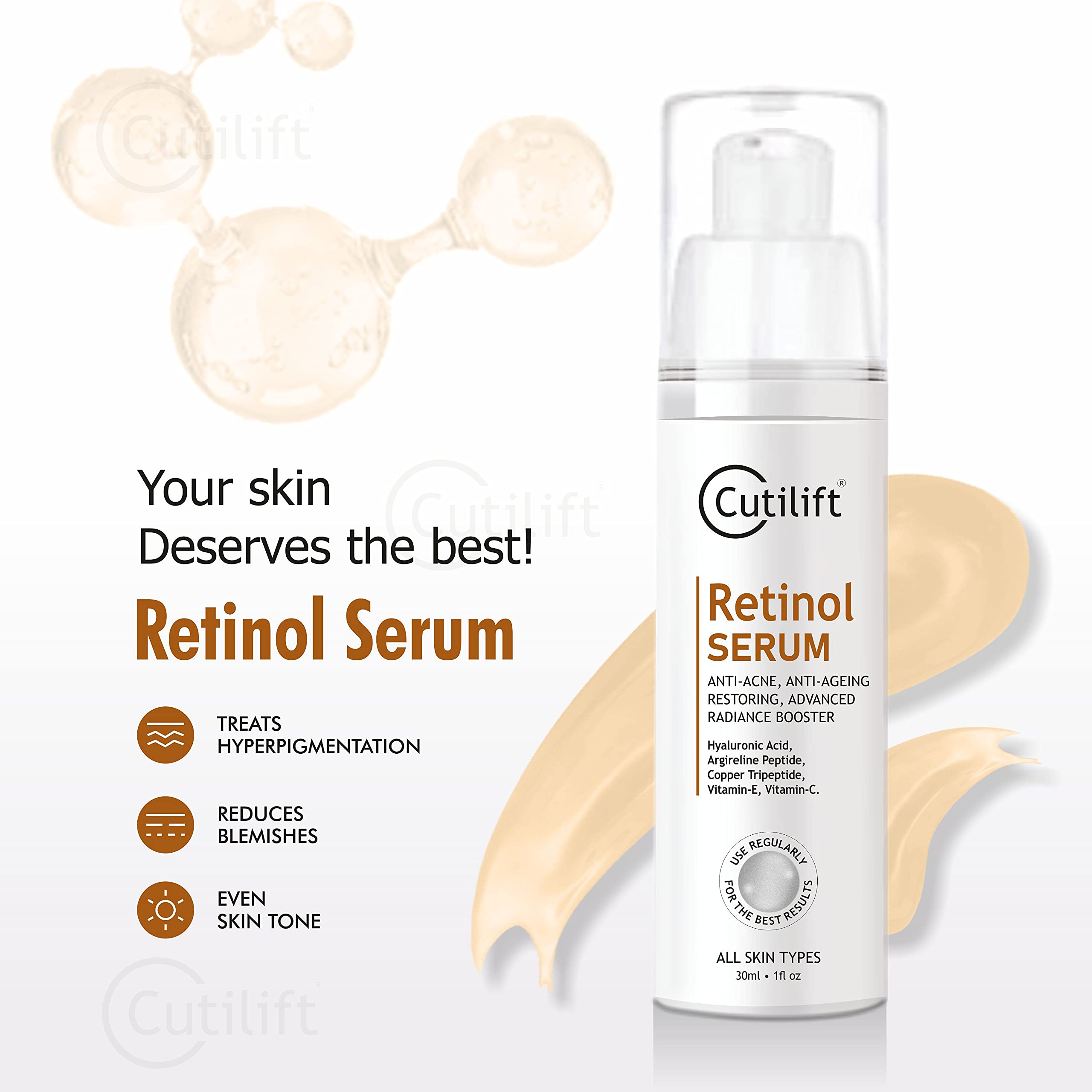 Cutilift Retinol Serum 30ml - Anti-Aging Night Face Serum for Pores & Wrinkles | Hydrating & Brightening Skincare for Women & Men | Perfect for Night Routine & Dry Skin Care