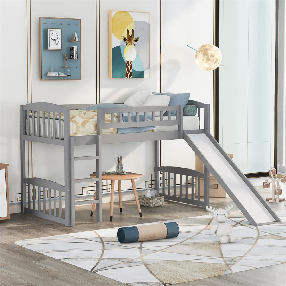 Solid Wood Twin Loft Bed with Slide - Sturdy Frame, Safety Guardrails & Ladder - Multifunctional Design with Headboard, Footboard & Underbed Storage (No Box Spring Needed) - Perfect for Kids' Bedrooms, Dorm Rooms & Small Spaces (Gray)