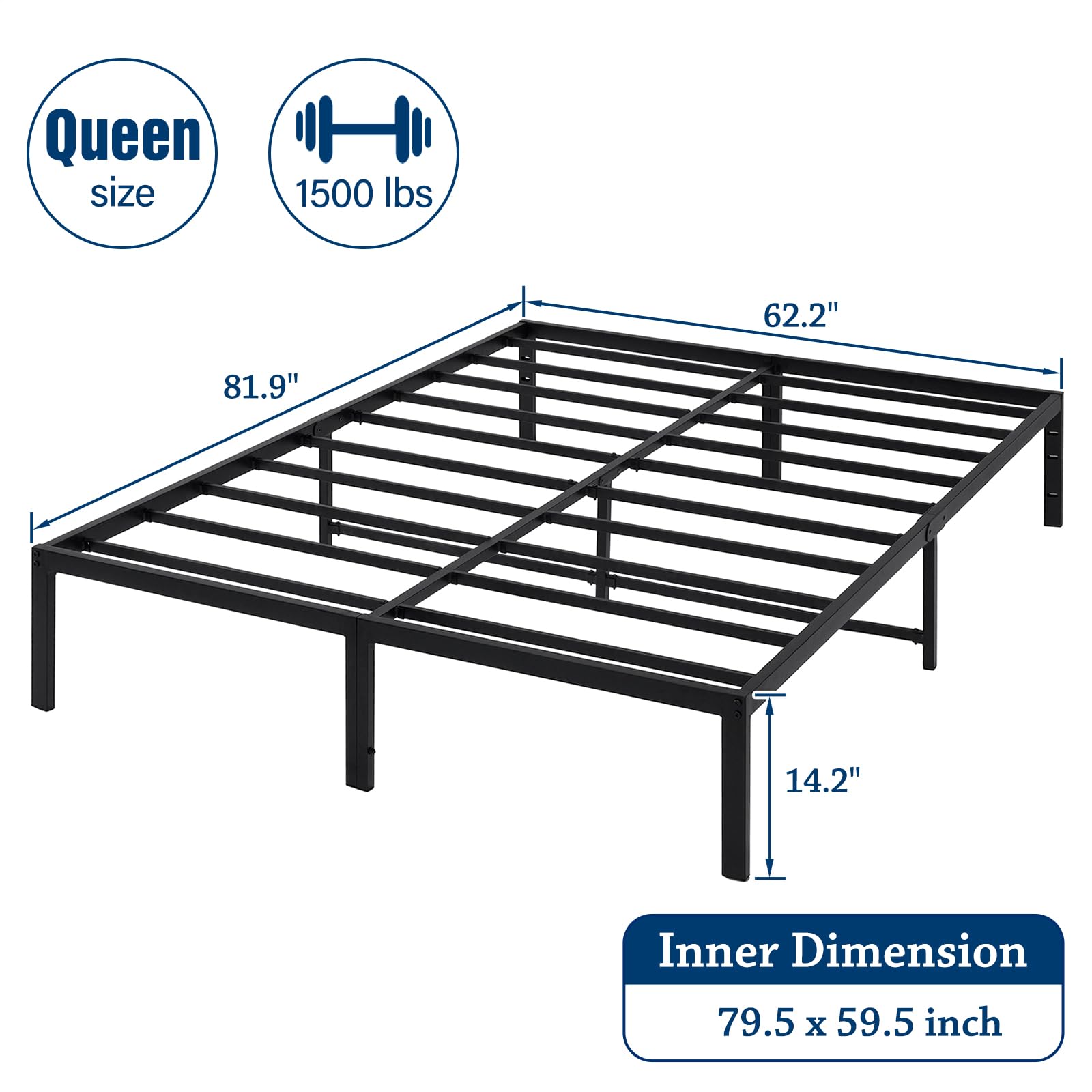 14 Inch Queen Size Bed Frame with Storage - Heavy Duty Metal Platform Bedframe, No Box Spring Needed, Steel Slat Anti-Slip Support, Easy Quick Lock Assembly (Black) - Perfect for Small Bedrooms, Guest Rooms & Apartments