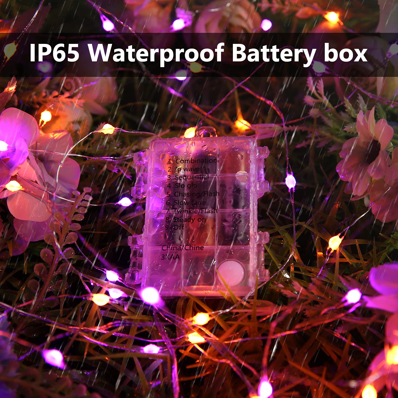 Orange Purple Halloween String Lights - 17.59ft 50 LED Waterproof Fairy Lights with 8 Modes & Battery Power for Outdoor Haunted House Decorations, Party, Garden, and Yard Halloween Decor