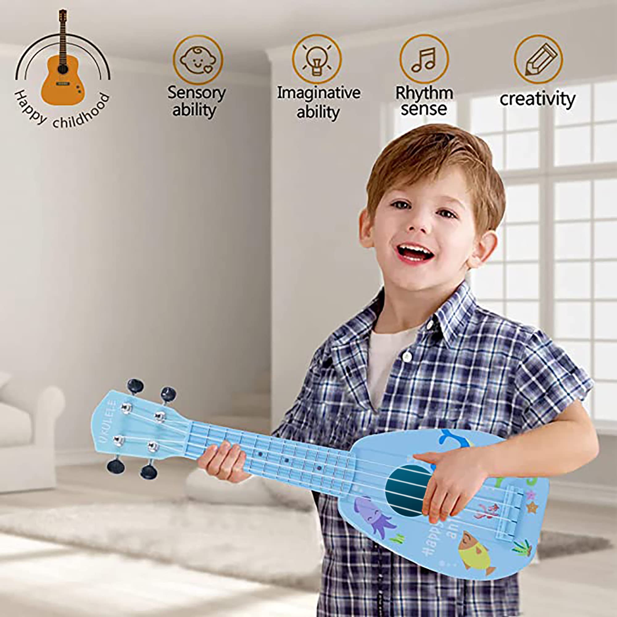 **YOLOPLUS+ 17 Inch Kids Ukulele Toy – 4-String Mini Guitar for Toddlers & Beginners – Educational Musical Instrument with Anti-Impact Design, Includes Picks, Strap & Tutorial – Perfect for Learning, Playtime & Early Music Development**