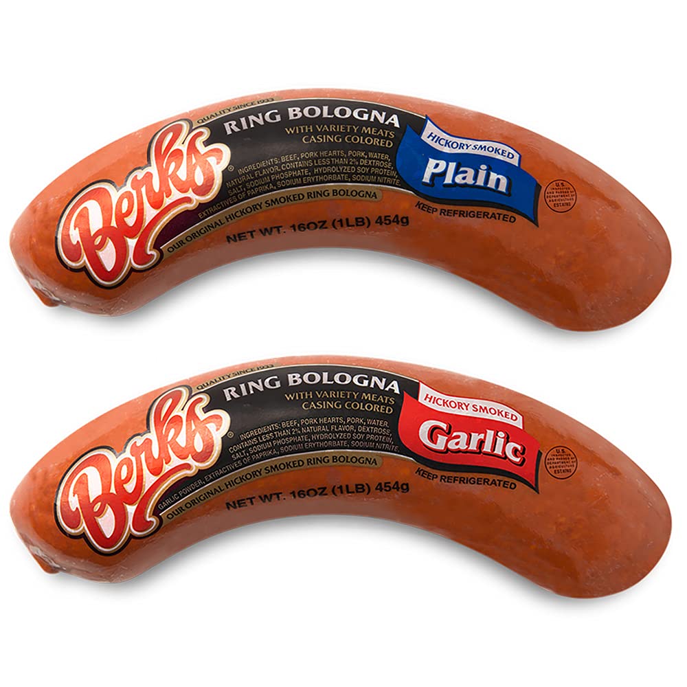 Berks Plain & Garlic Ring Bologna Variety Pack - 2 Pack (16 oz Each) | Premium Sausage for Sandwiches, Charcuterie Boards & Snacking | Perfect for Picnics, Parties & Quick Meals