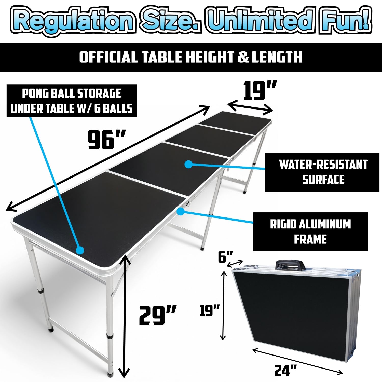 8-Foot Beer Pong Table with Erasable Surface - Includes Markers, Balls & LED Lights | Choose Cup Holes Option | Perfect for Parties, Tailgates & College Events