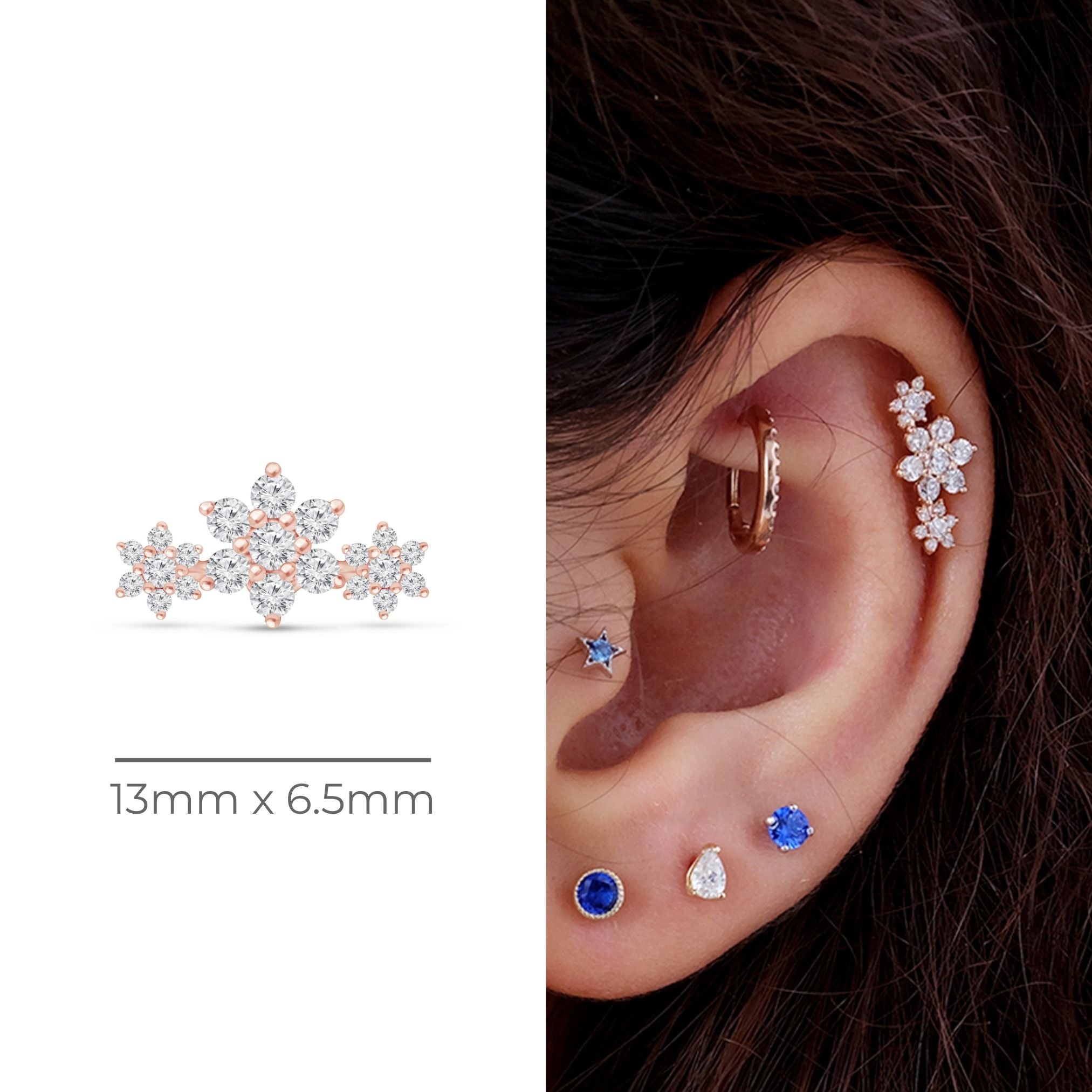 14K Rose Gold Diamond Three Flower Garland Flat Back Stud Earrings - Elegant Dainty Floral Jewelry for Women, Perfect for Weddings, Parties & Everyday Wear