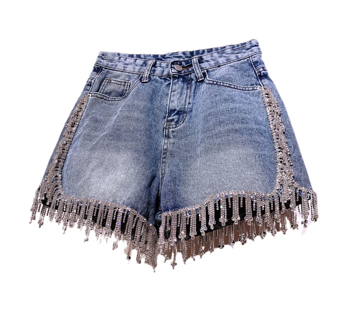 Sparkling Rhinestone Fringed High Waist Denim Shorts for Women - Diamond Tassel Embellished Stretch Jeans Hot Pants | Perfect for Summer Parties, Music Festivals & Night Out Clubbing
