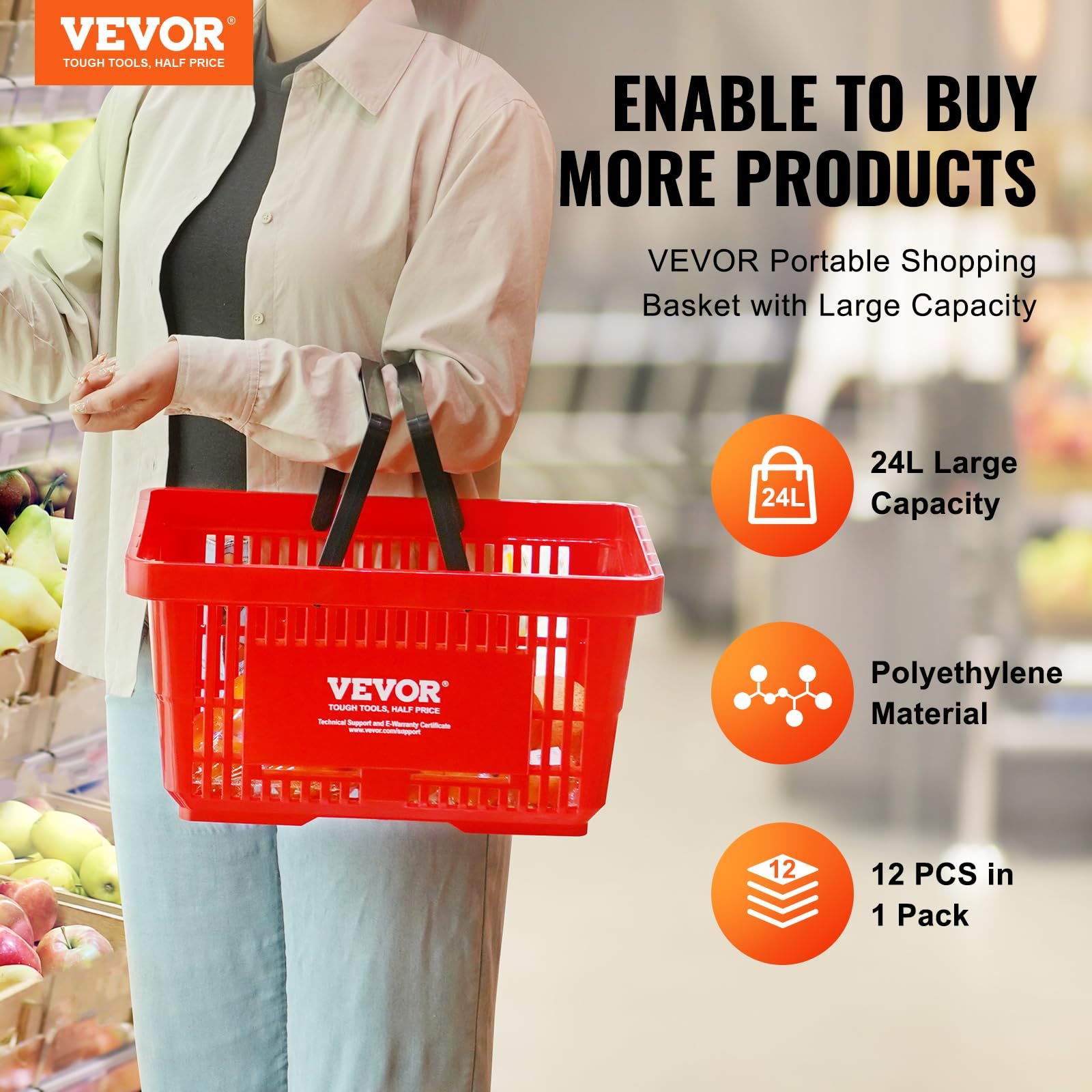 VEVOR 12-Pack Plastic Shopping Baskets with Handles - 24L Durable Grocery Baskets for Retail Stores, Supermarkets & Shopping - 16.73 x 11.61 x 8.86 Inches (Red) - Perfect for Checkout Counters, Produce Display & Bulk Shopping Organization