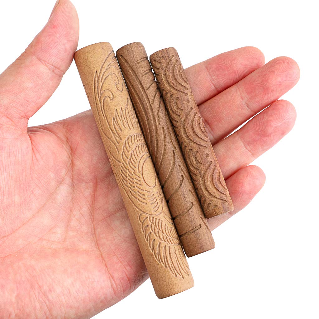OwnMy 10-Piece Clay Modeling Pattern Rollers Kit - Dragon, Phoenix, Clouds, 3D Geometric Cookie Cutters with Wooden Handles for Pottery, Ceramics & DIY Crafts | Perfect for Cake Decorating, Polymer Clay Art & Home Decor Projects